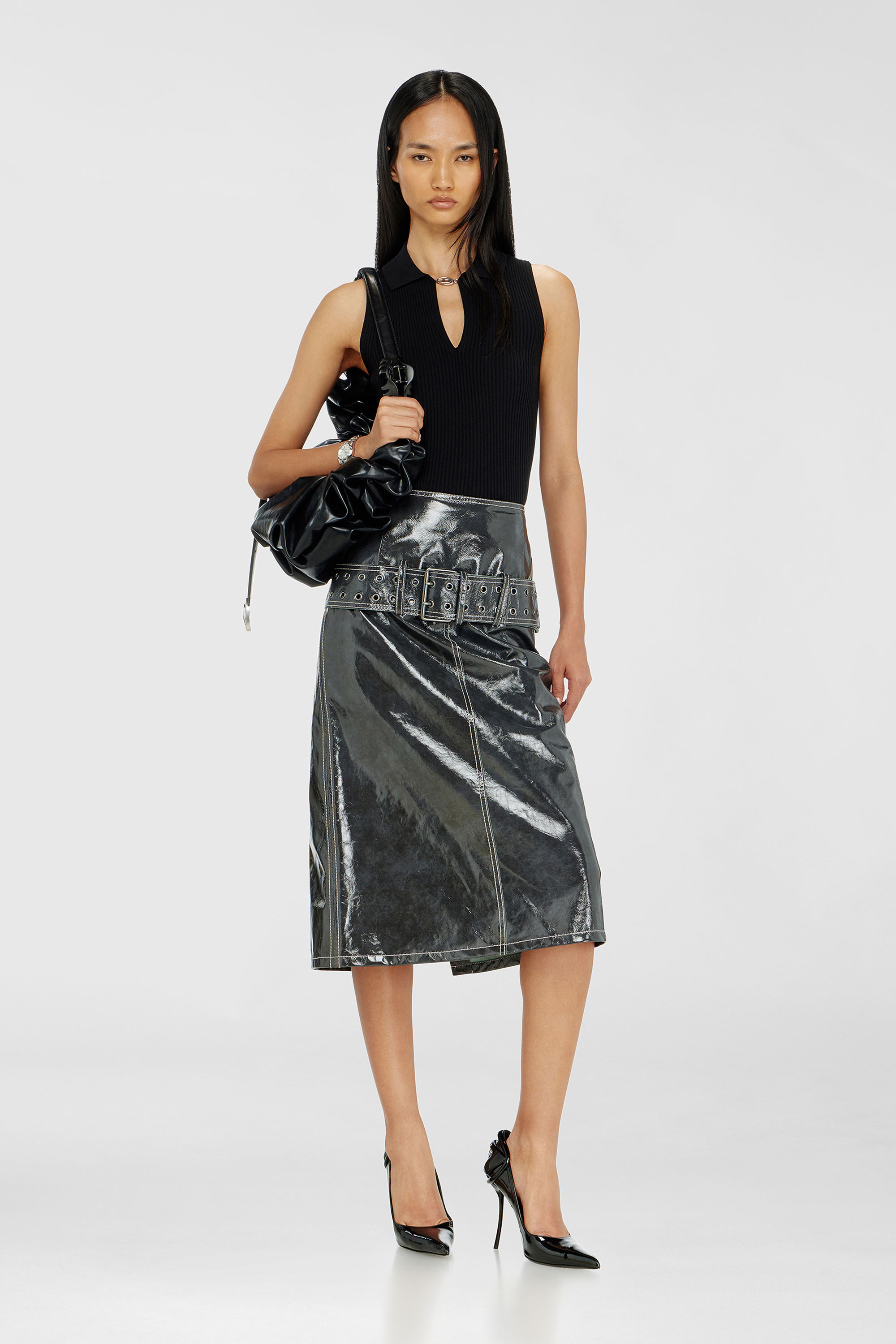 Diesel - M-LILITA, Female's Sleeveless rib-knit polo top in silk blend in Black - 1