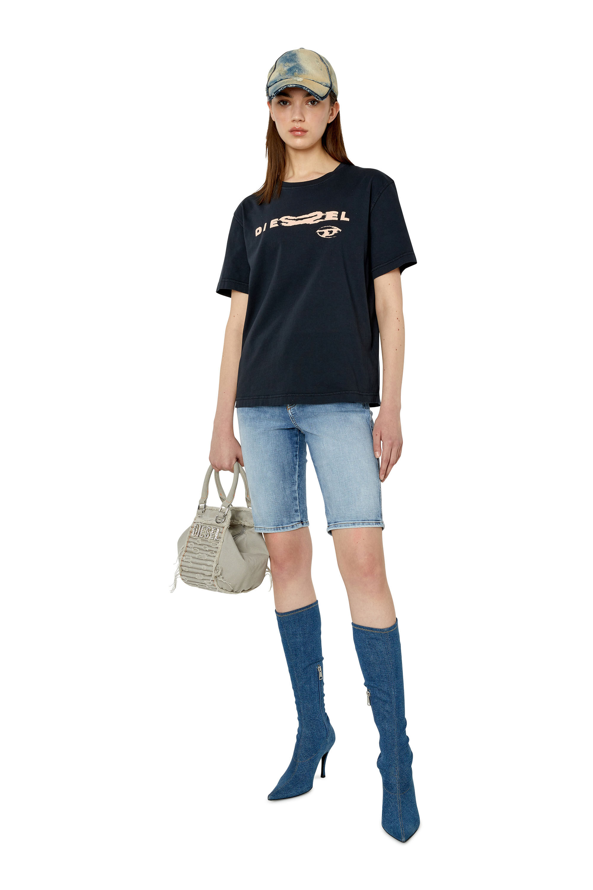 Diesel - T-DANNY, Female's T-shirt with distorted Diesel puff print in Black - 1