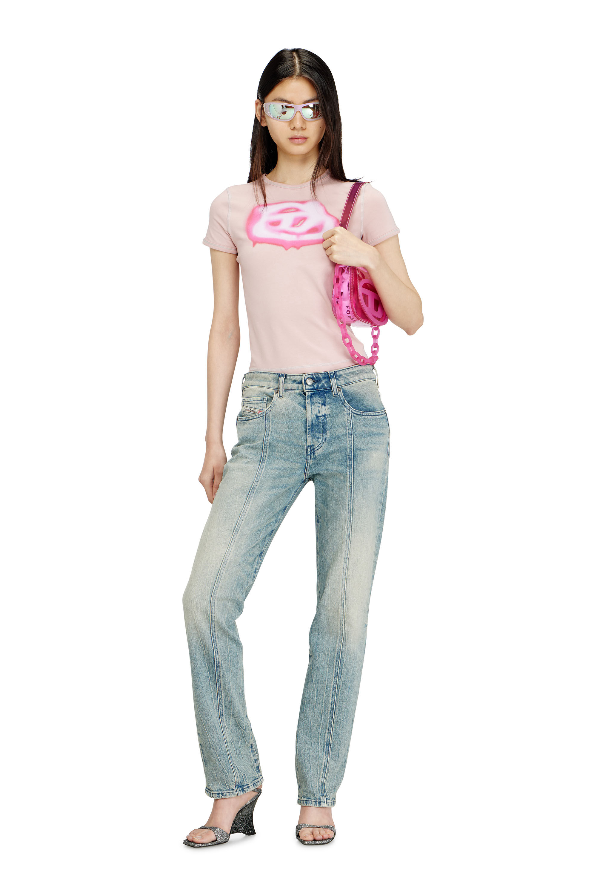 DIESEL レディース Tシャツ クロップド丈 ブラック ピンク ロゴ Women's Slim T-shirt with graffiti-effect logo | Pink | Diesel