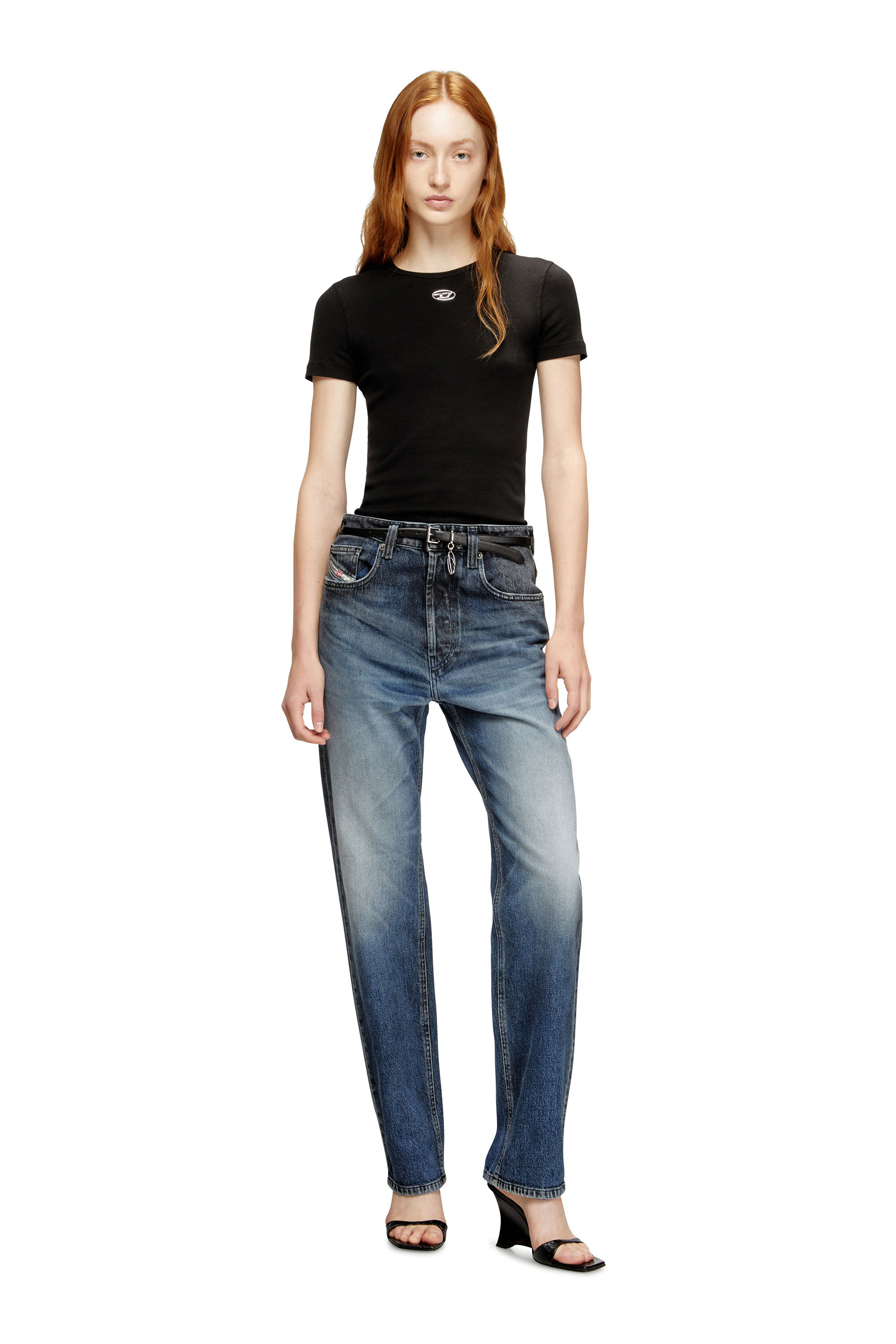 Women's Slim ribbed T-shirt with metallic Oval D | Black | Diesel