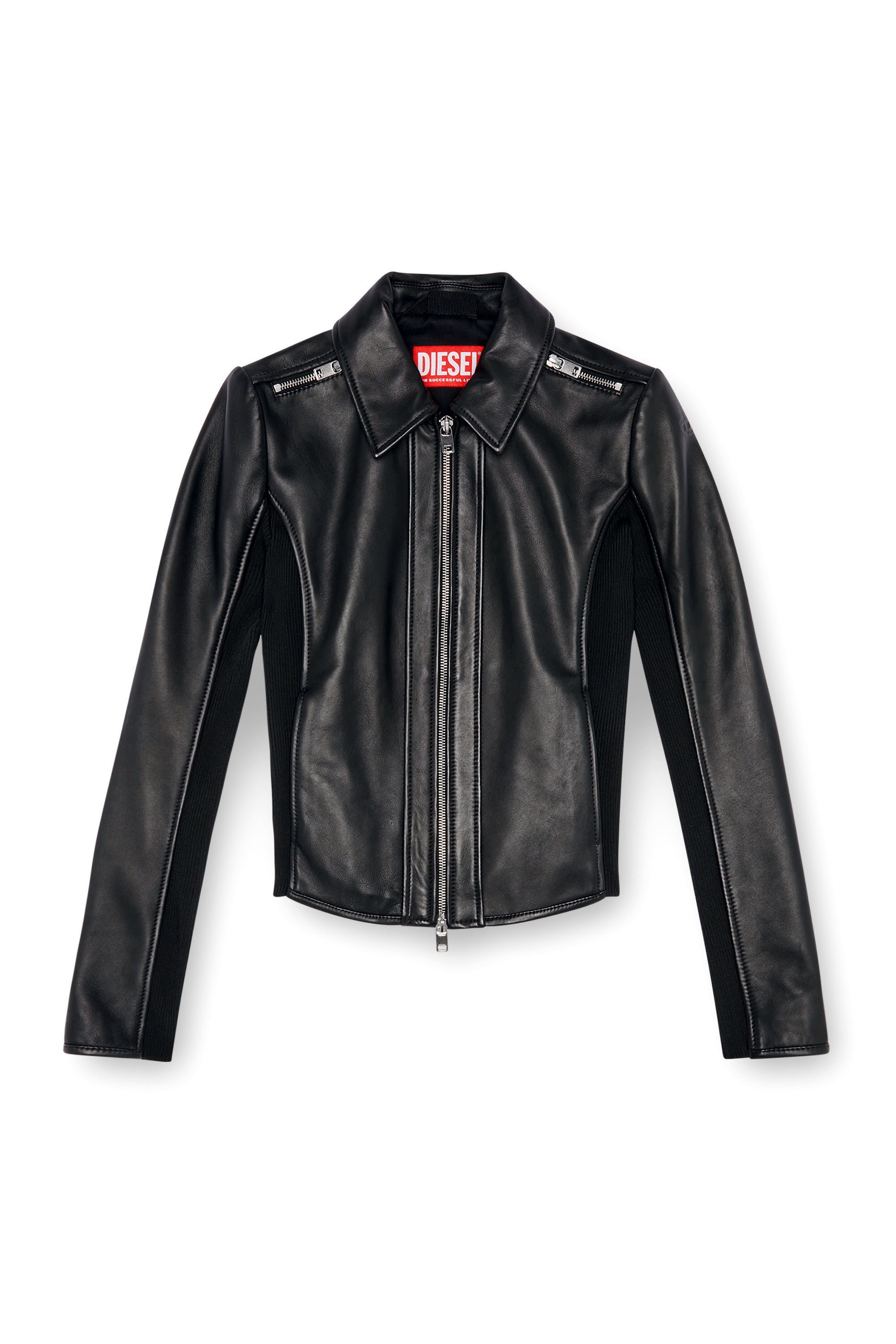 Diesel - L-SASK, Female's Leather biker jacket with rib panels in Black - 2