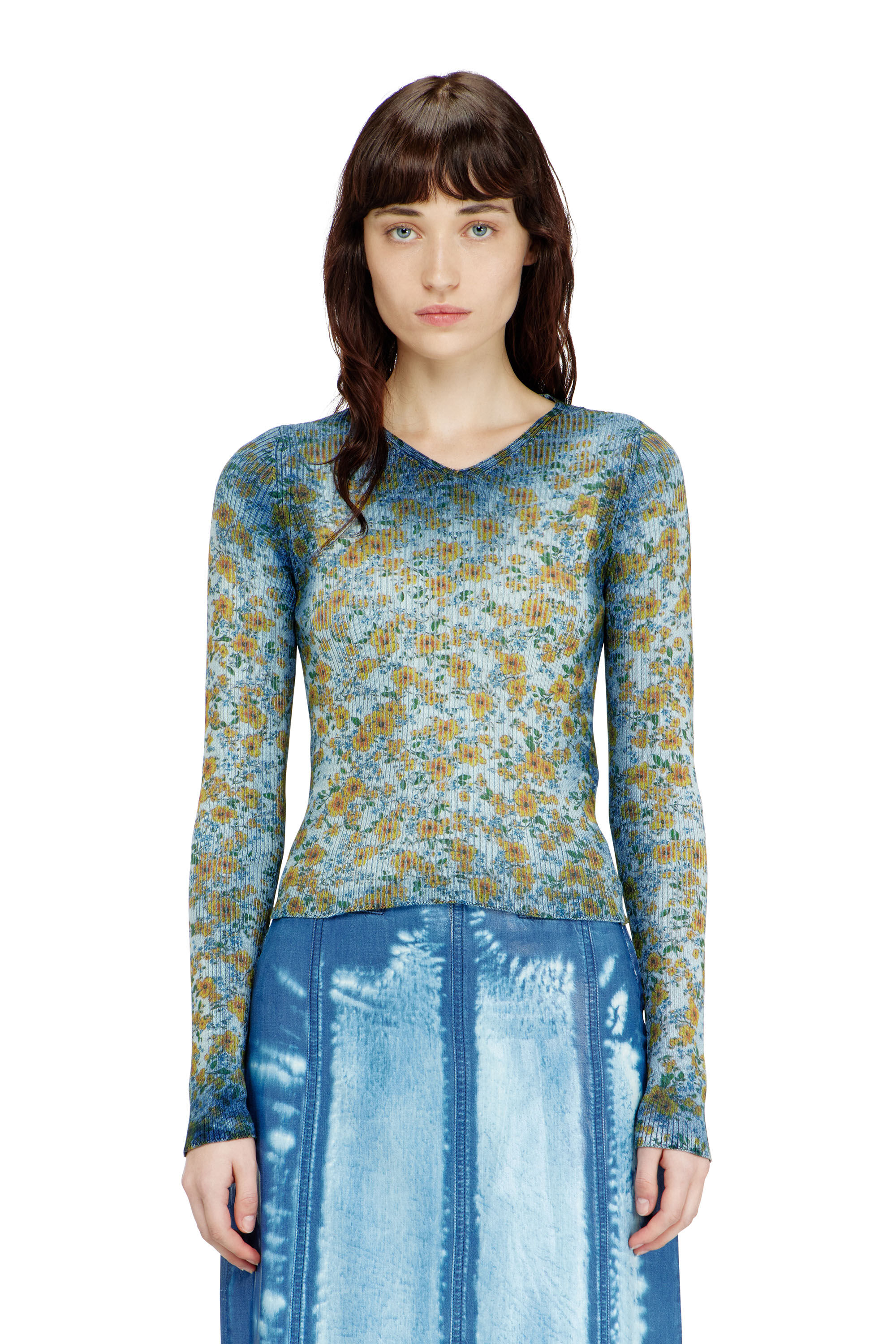 Diesel - M-EGE, Female's Rib-knit top with floral X-ray effect in Blue - 3