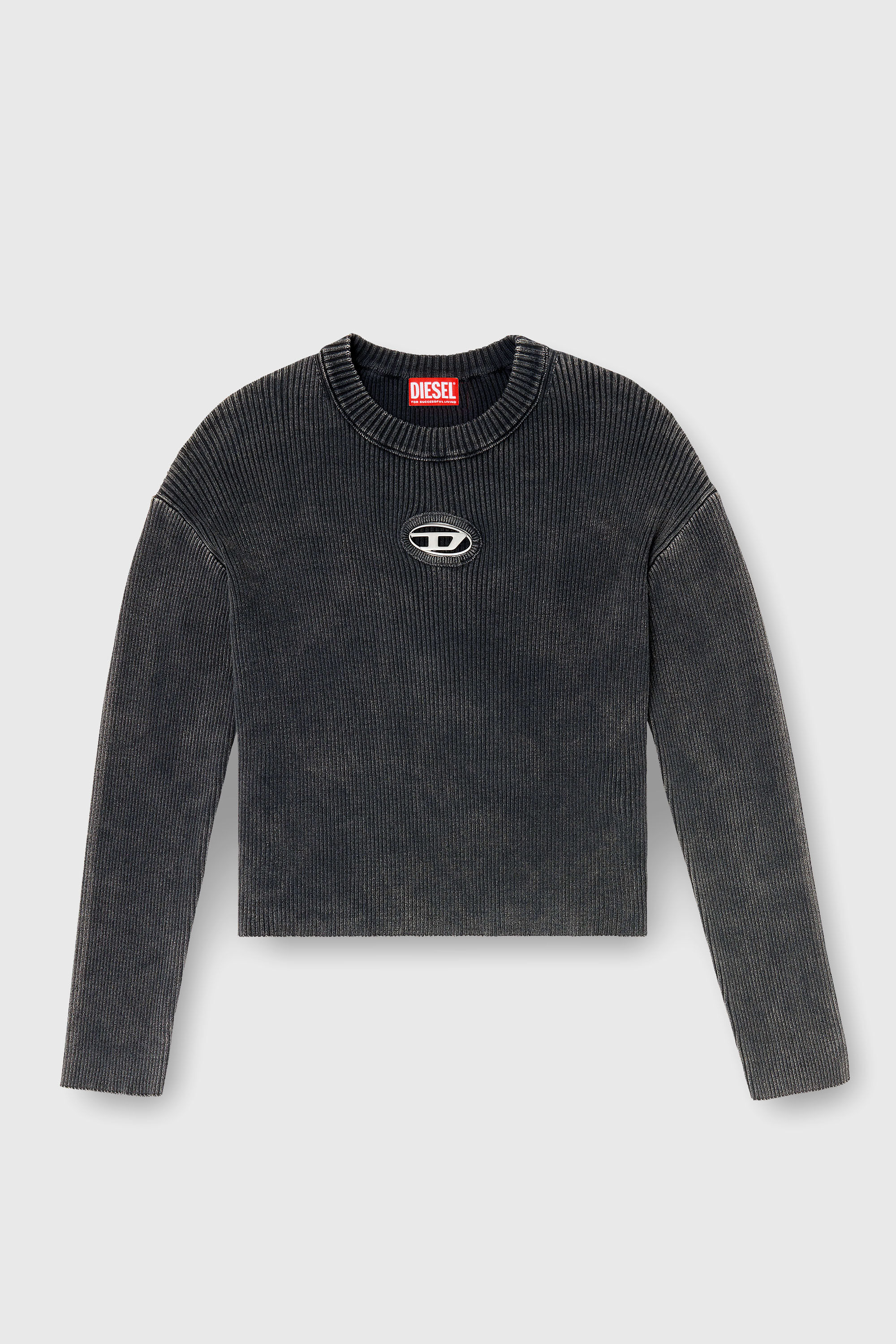 Diesel - M-ANCHOREX, Woman's Cut-out ribbed jumper with Oval D plaque in Dark grey - 2