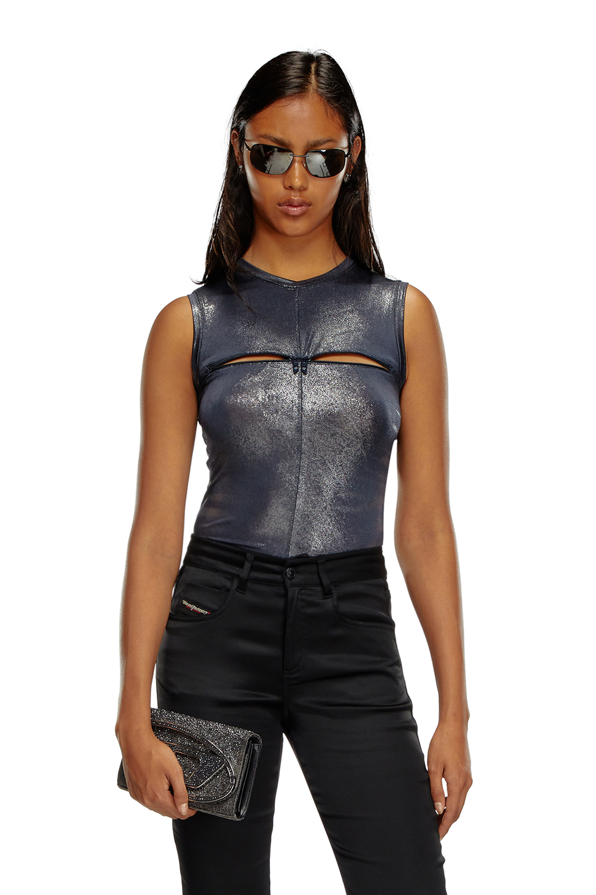 Diesel - T-VEZZY, Female's Metallic tank top with chest slit in Blue - 3