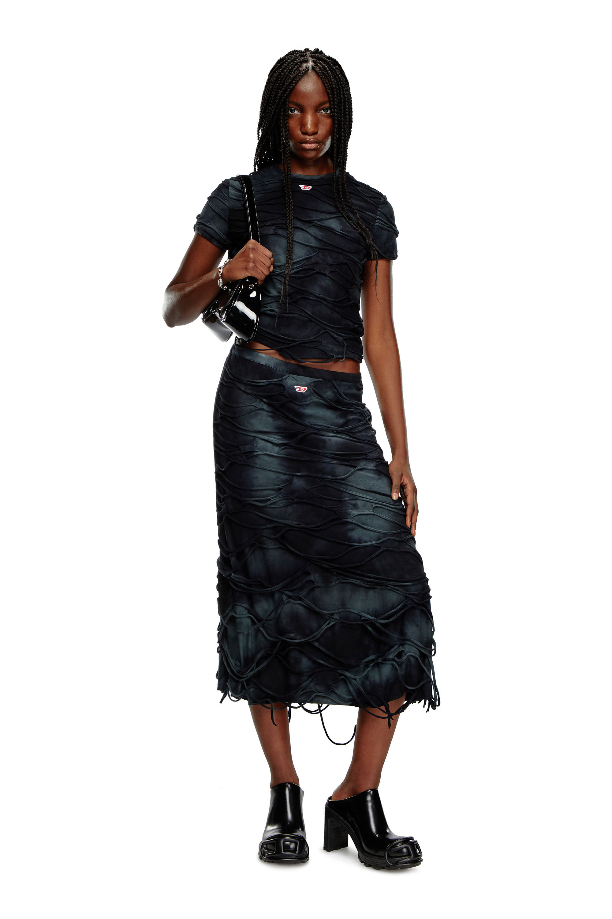Diesel - T-UNCUTIE-LONG-P1, Female's T-shirt with floating strands in Black - 1