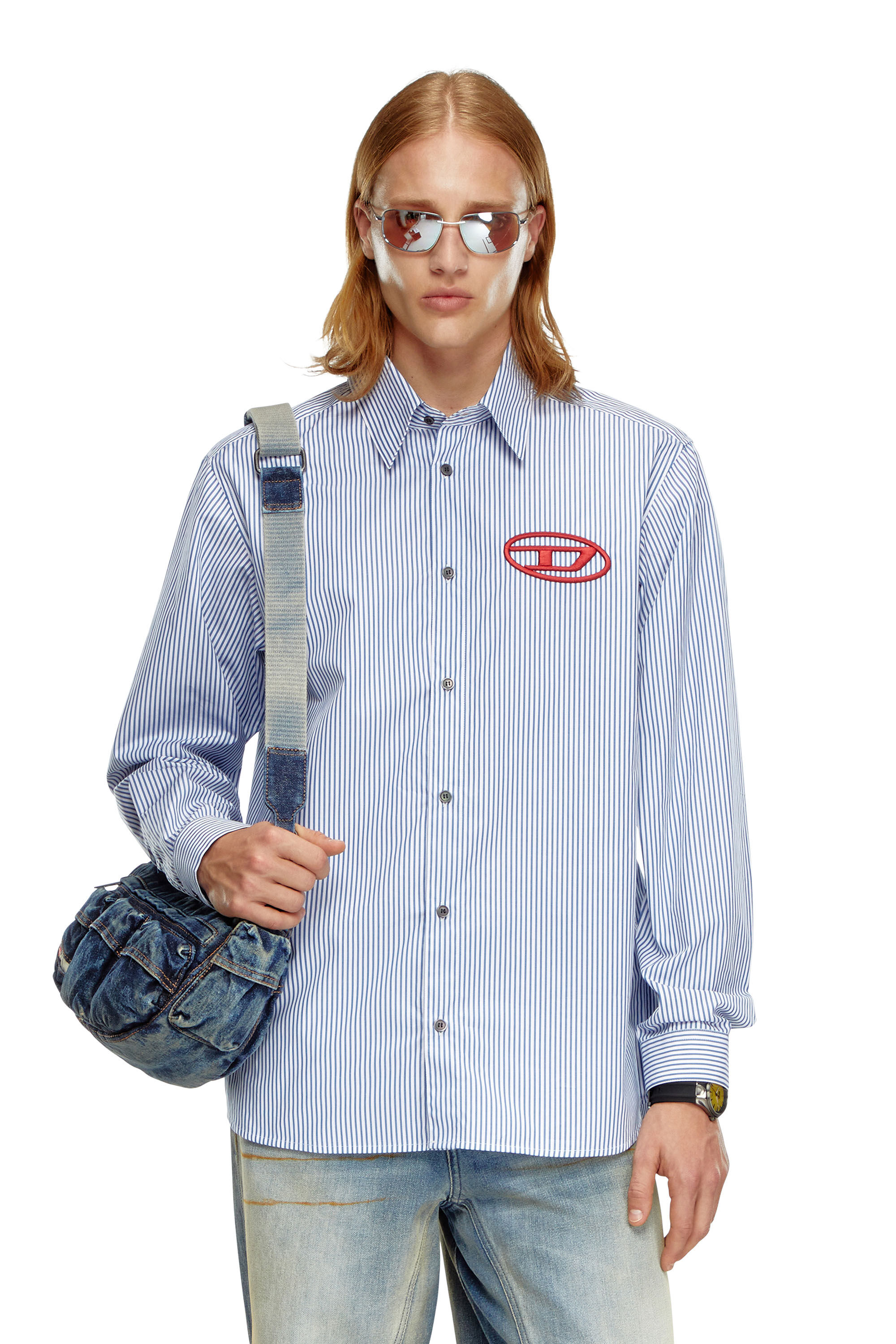 Diesel - S-SIMPLY-E, Man's Striped shirt with Oval D embroidery in Blue - 3