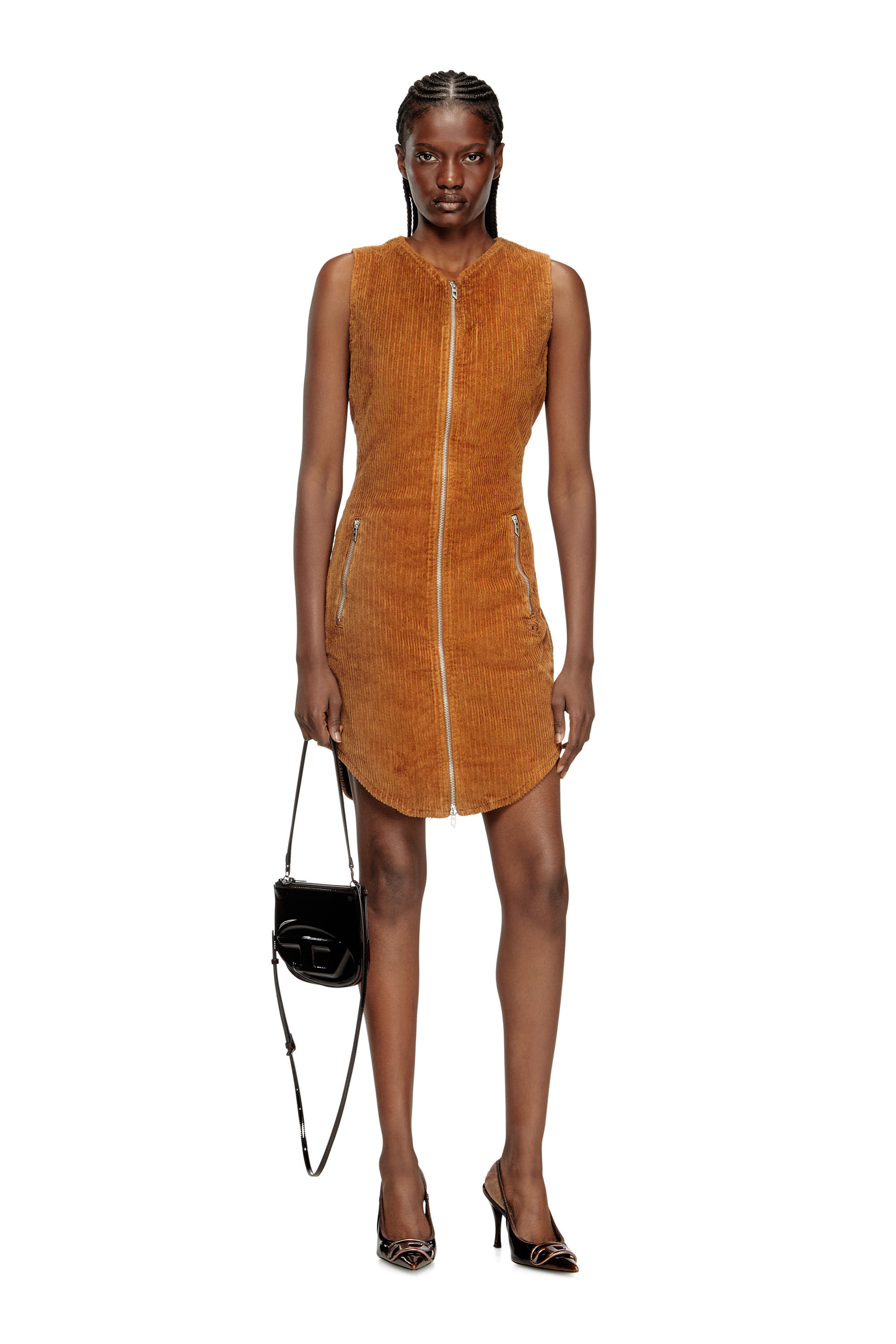 Diesel - D-ENEA, Female's Cotton mini dress with front zipper in Brown - 2