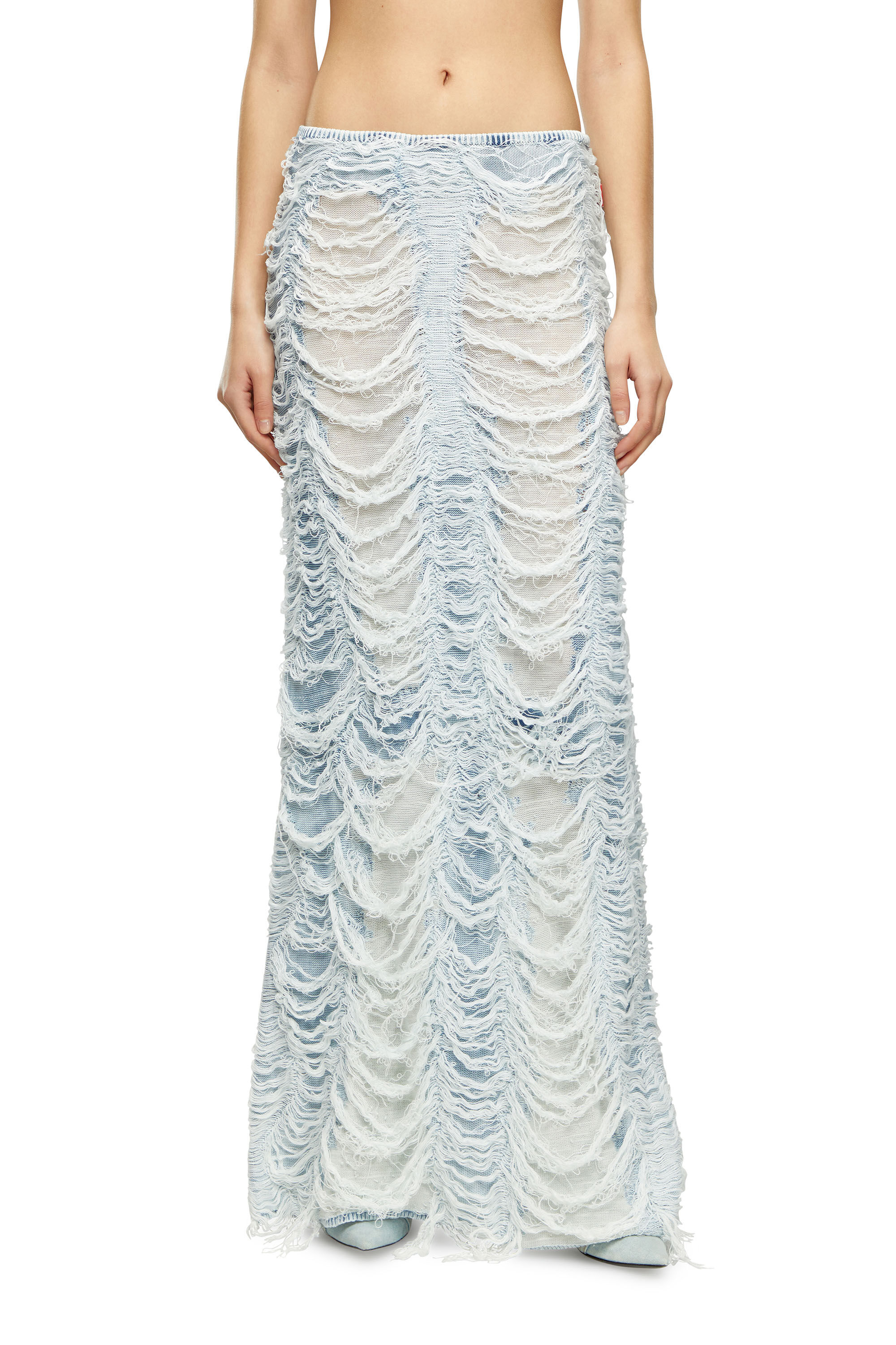Diesel - M-FIAMMETTA, Woman's Long column skirt in destroyed knit in Light Blue - 3