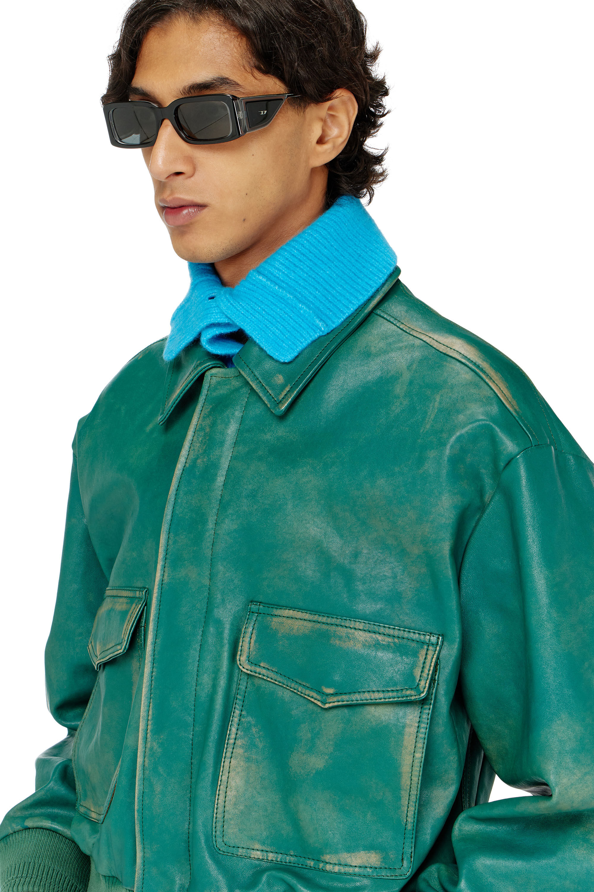 Diesel - L-UMAN, Chaqueta aviador de cuero tratado Hombre in Verde - 4