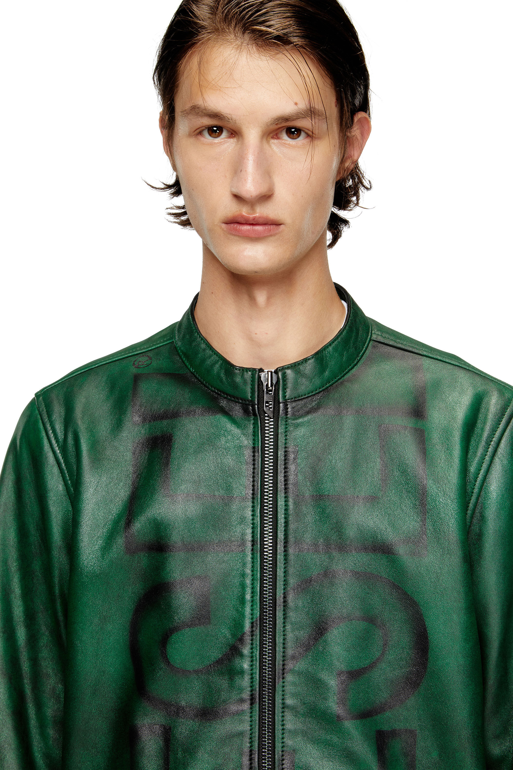 Diesel - L-EVERT-A, Man's Treated leather biker jacket with faded logo in Green - 3