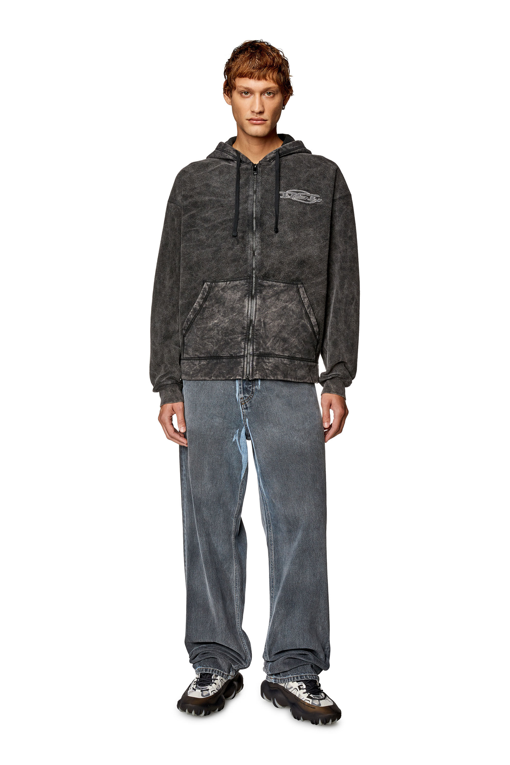 Men's Zip hoodie in marble-washed looped fleece | Black | Diesel