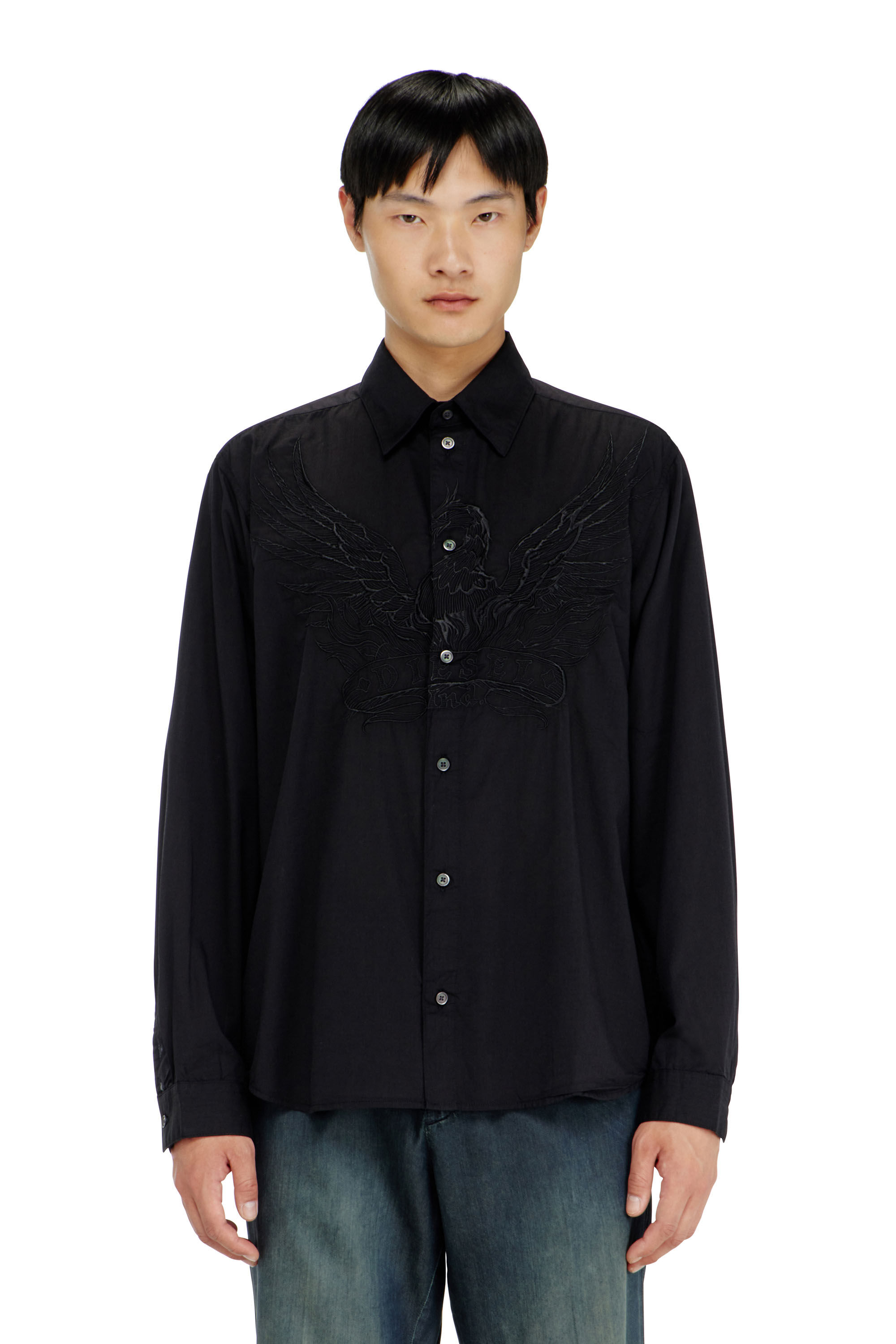 Men's Cotton-cupro shirt with embroidered patch | Black | Diesel US