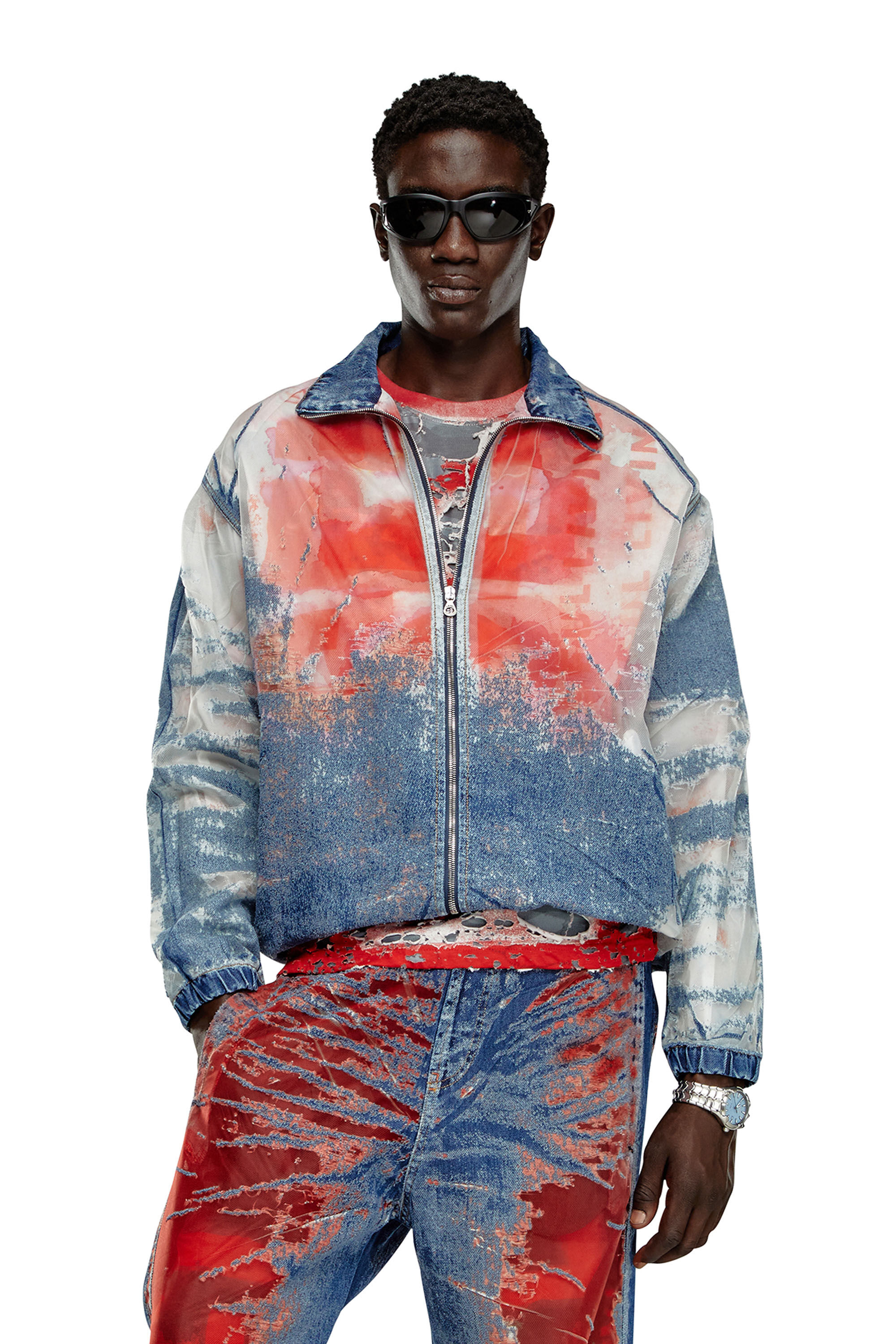 Diesel - D-KRAP-FSE, Male's Jacket in devoré denim with logo in Blue/Red - 3
