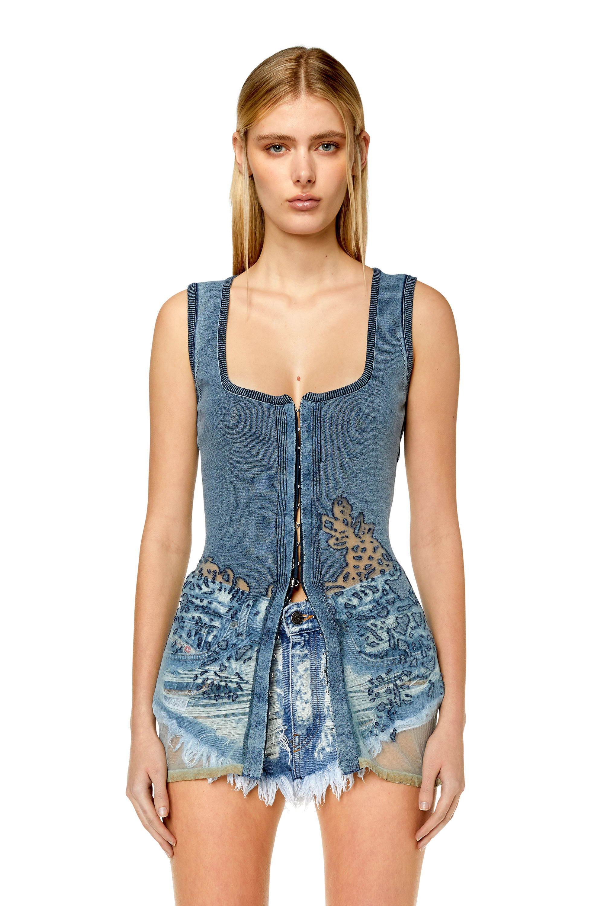 Diesel - M-ANDIA, Female's Sleeveless cardigan with burnout pattern in Blue - 3