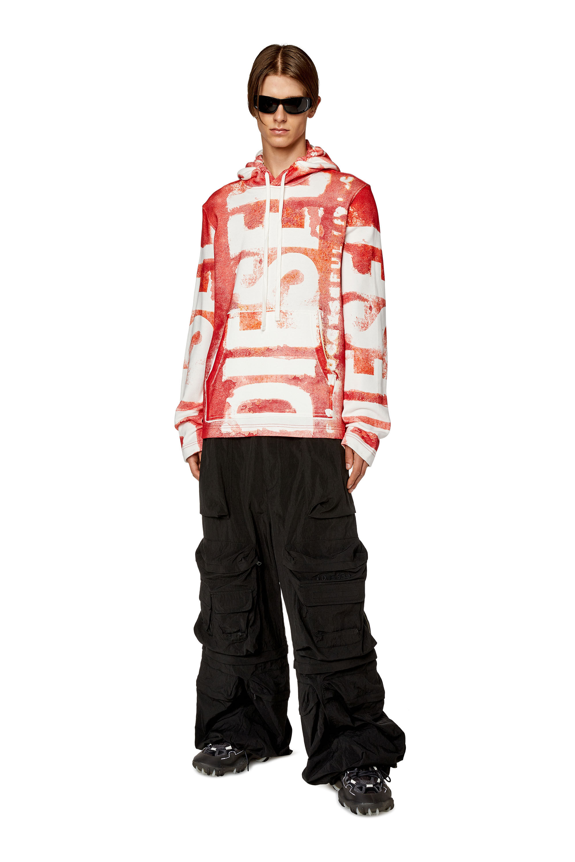 Diesel - S-GINY-HOOD, Male's Watercolour-effect logo hoodie in Red - 1