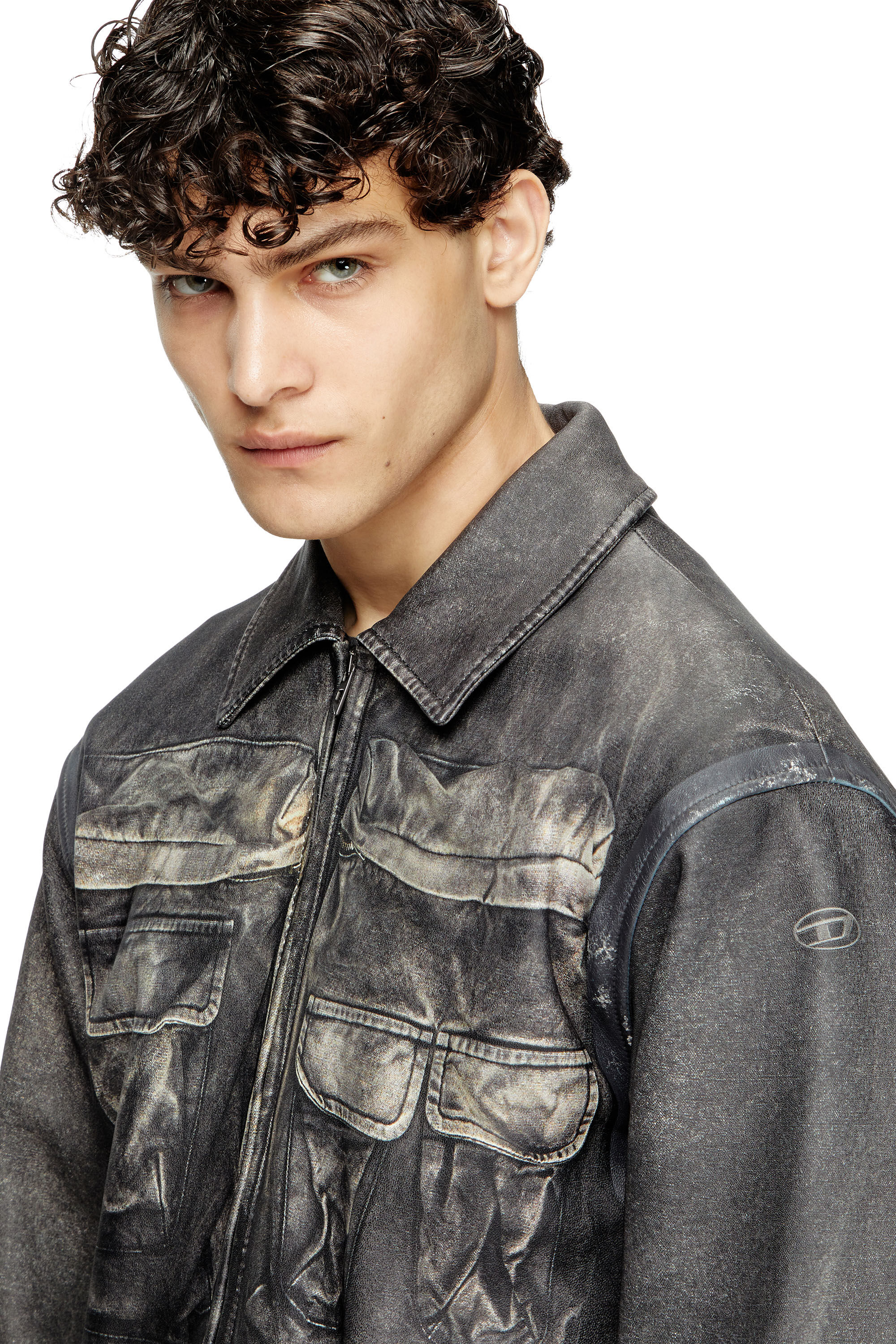 Men's Leather jacket with trompe l'oeil pockets | Black | Diesel