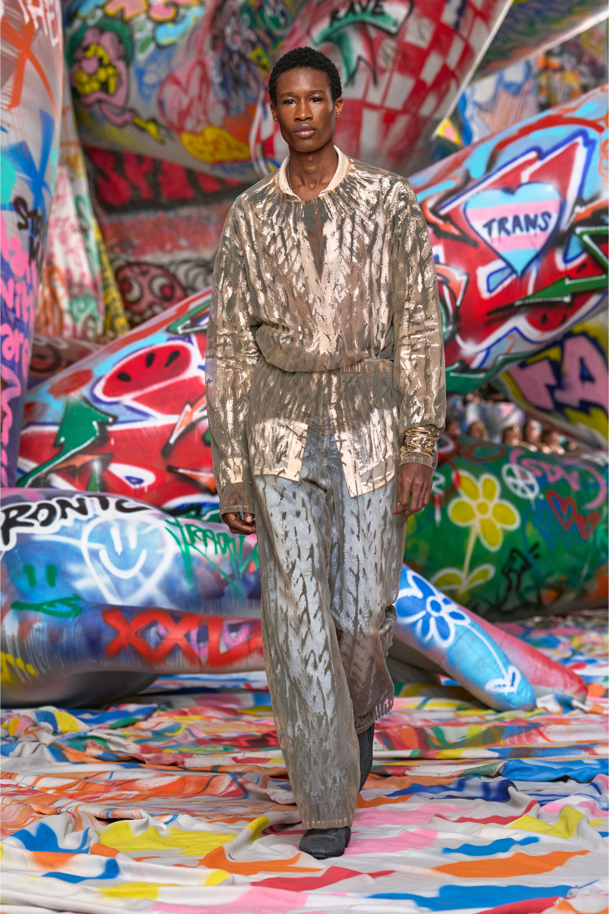 Diesel - P-EGASO, Man's Tulle pants with flocked cable prints in Grey - 5