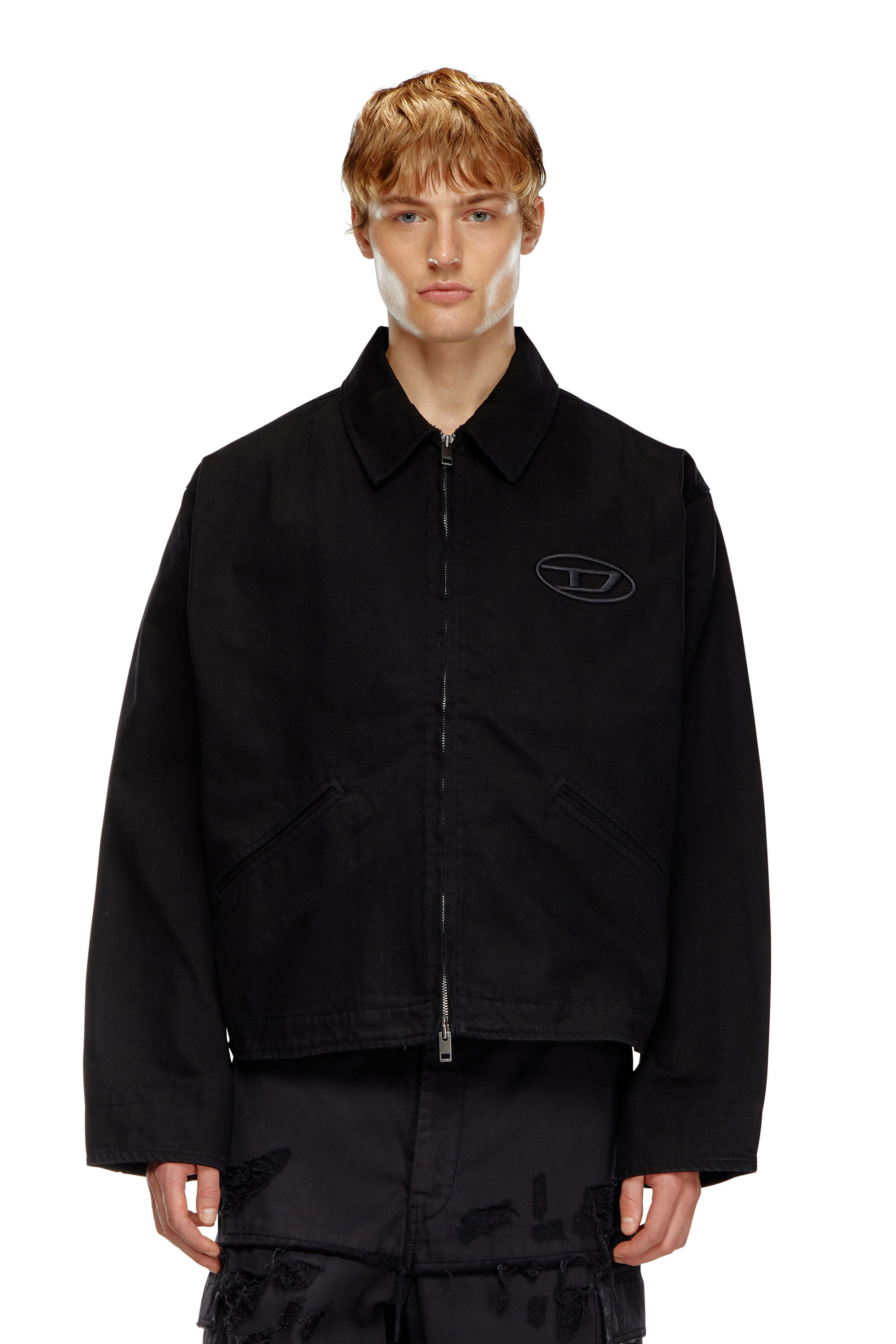 Men's Denim blouson jacket with bleached logo | Black | Diesel