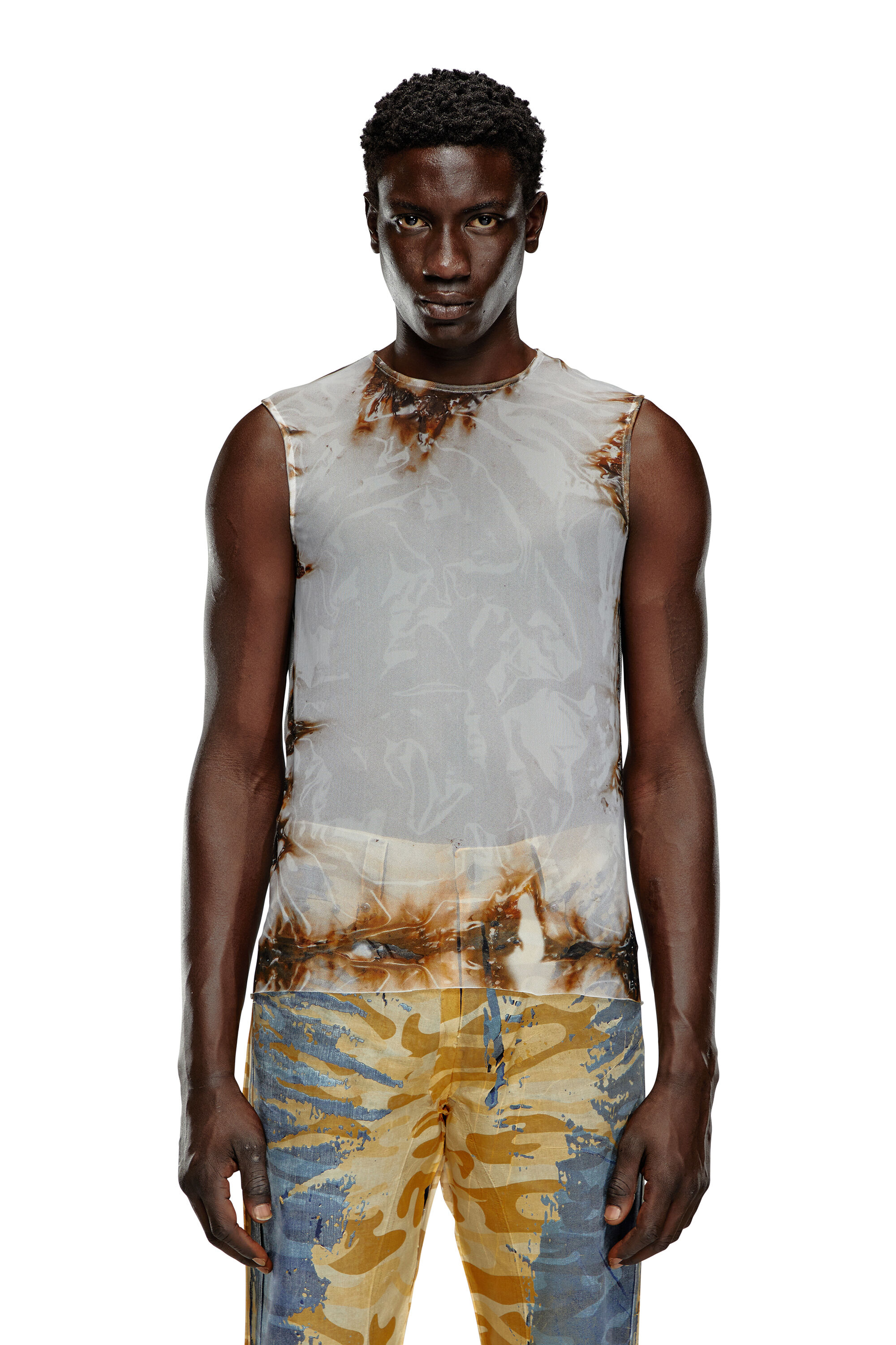 Diesel - T-BISCO-BURN-ART, Male's Tulle top with burning plastic print in Beige/Grey - 6