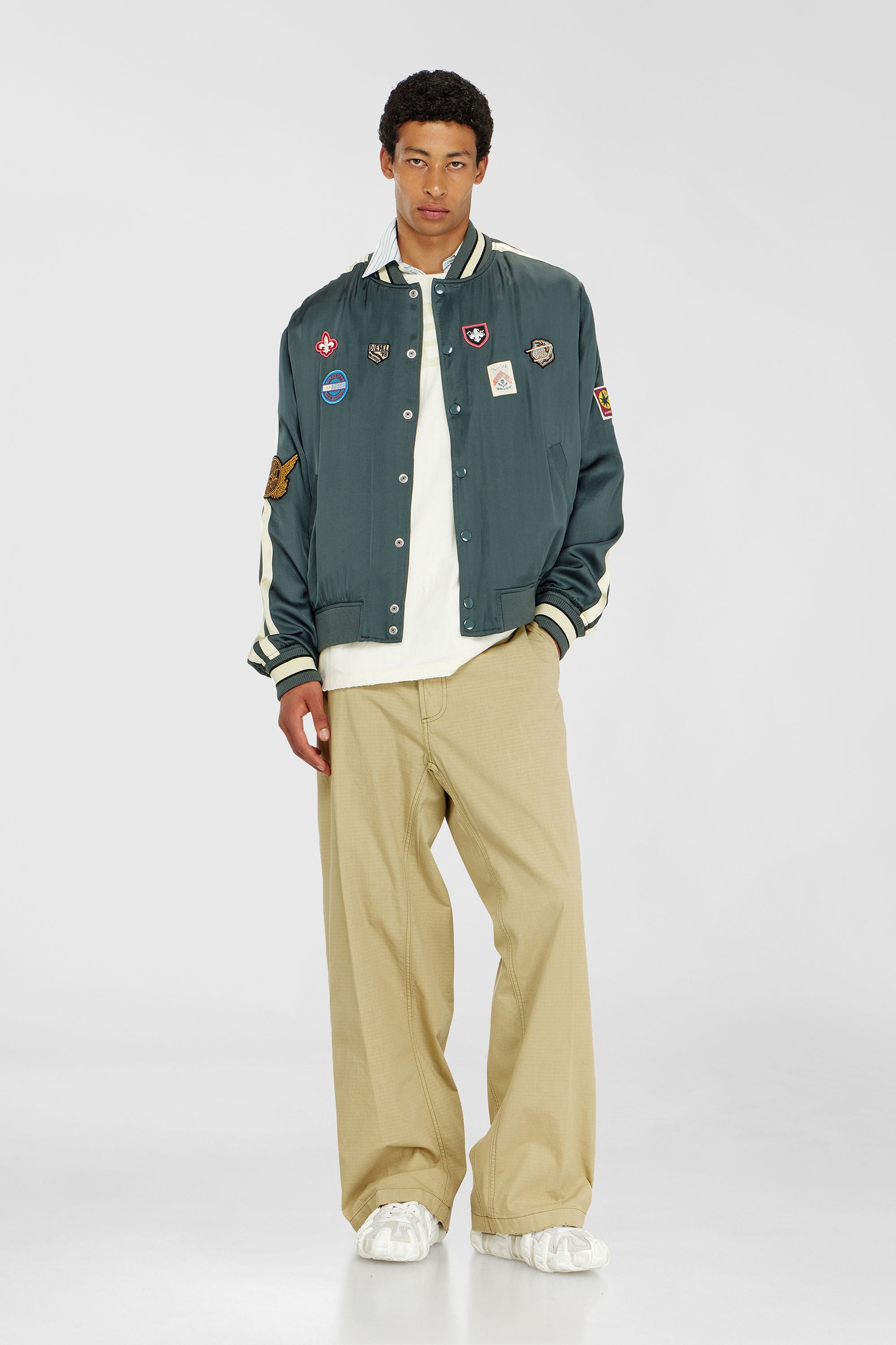 Men's Satin bomber jacket with patches | Green | Diesel US