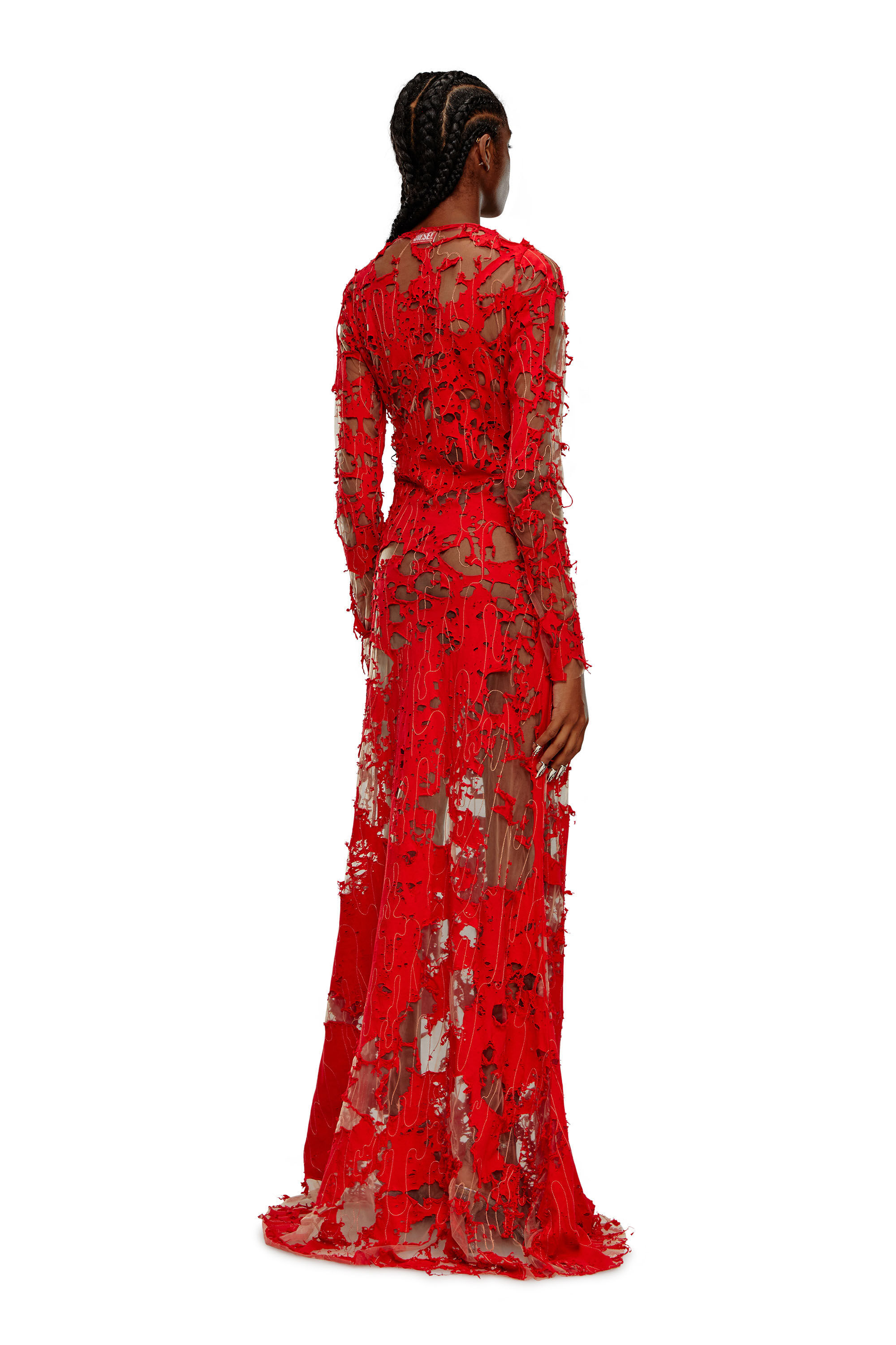 Diesel - D-LEA, Female's Long devoré dress in tulle and jersey in Red - 4