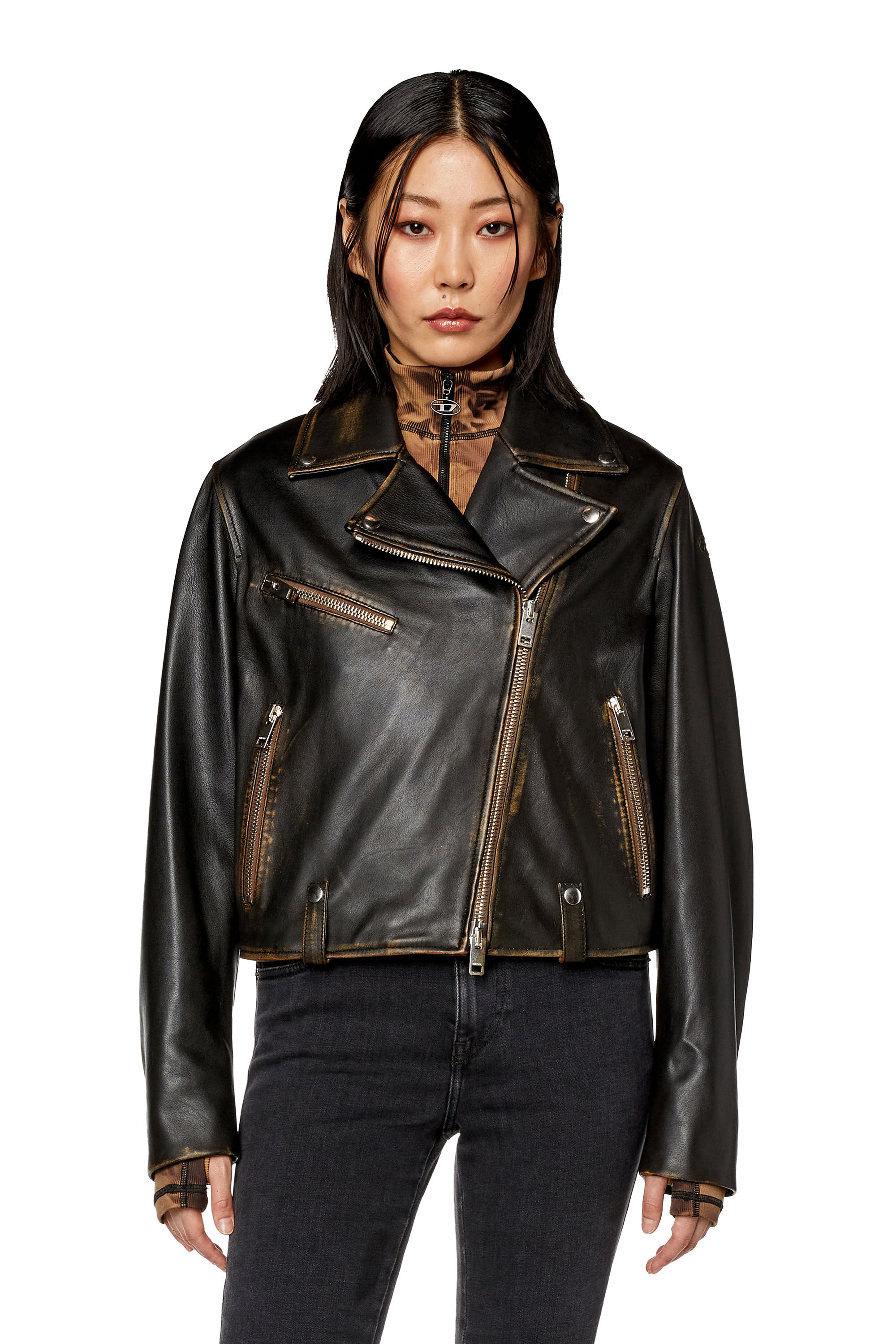 Diesel - L-EDME, Veste biker en cuir foulonné Femme in Noir - 5