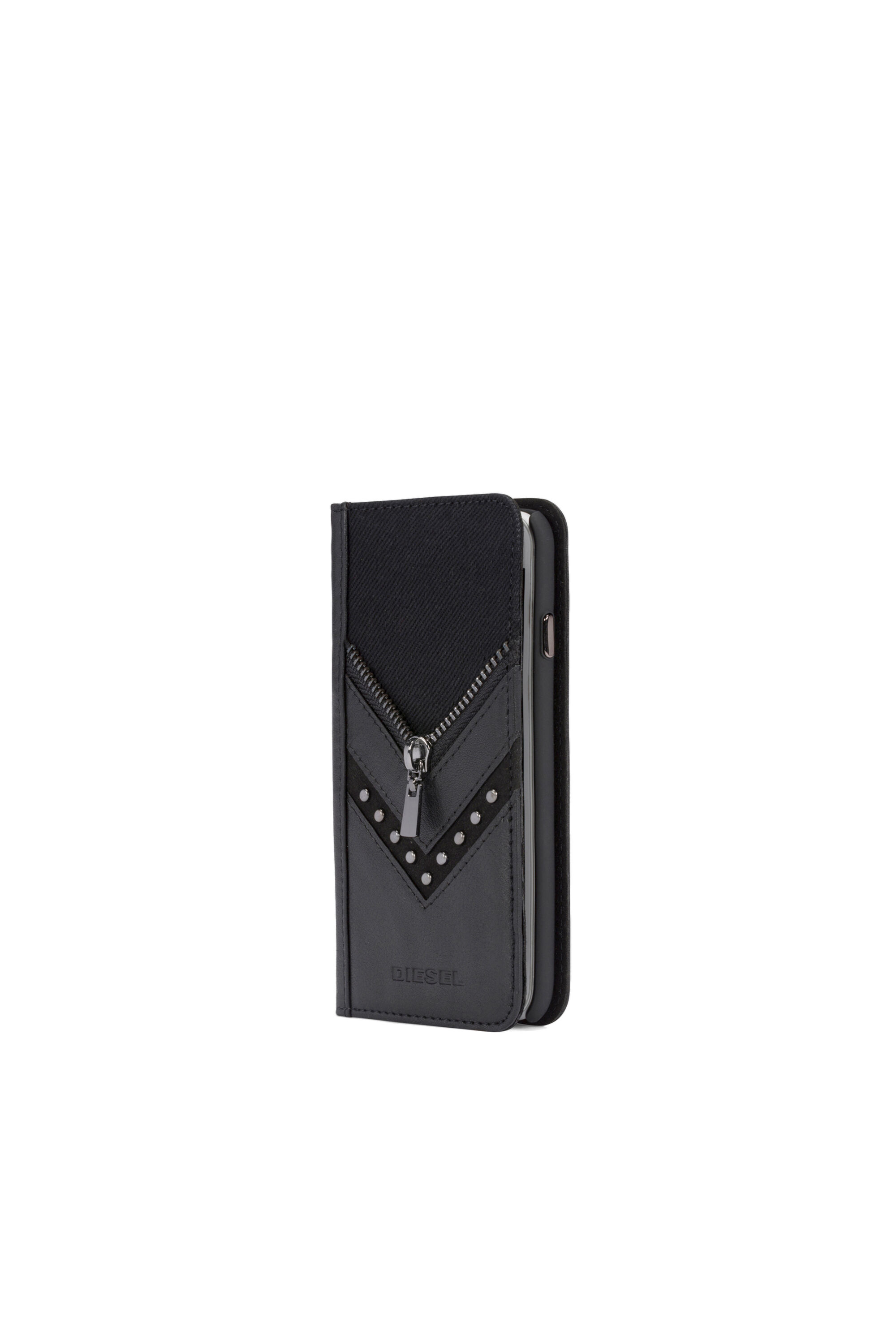 Diesel - BLACK DENIM/STUD/ZIPPER IPHONE X FOLIO, Unisex's Black denim folio with details, iPhone X in Black - 3