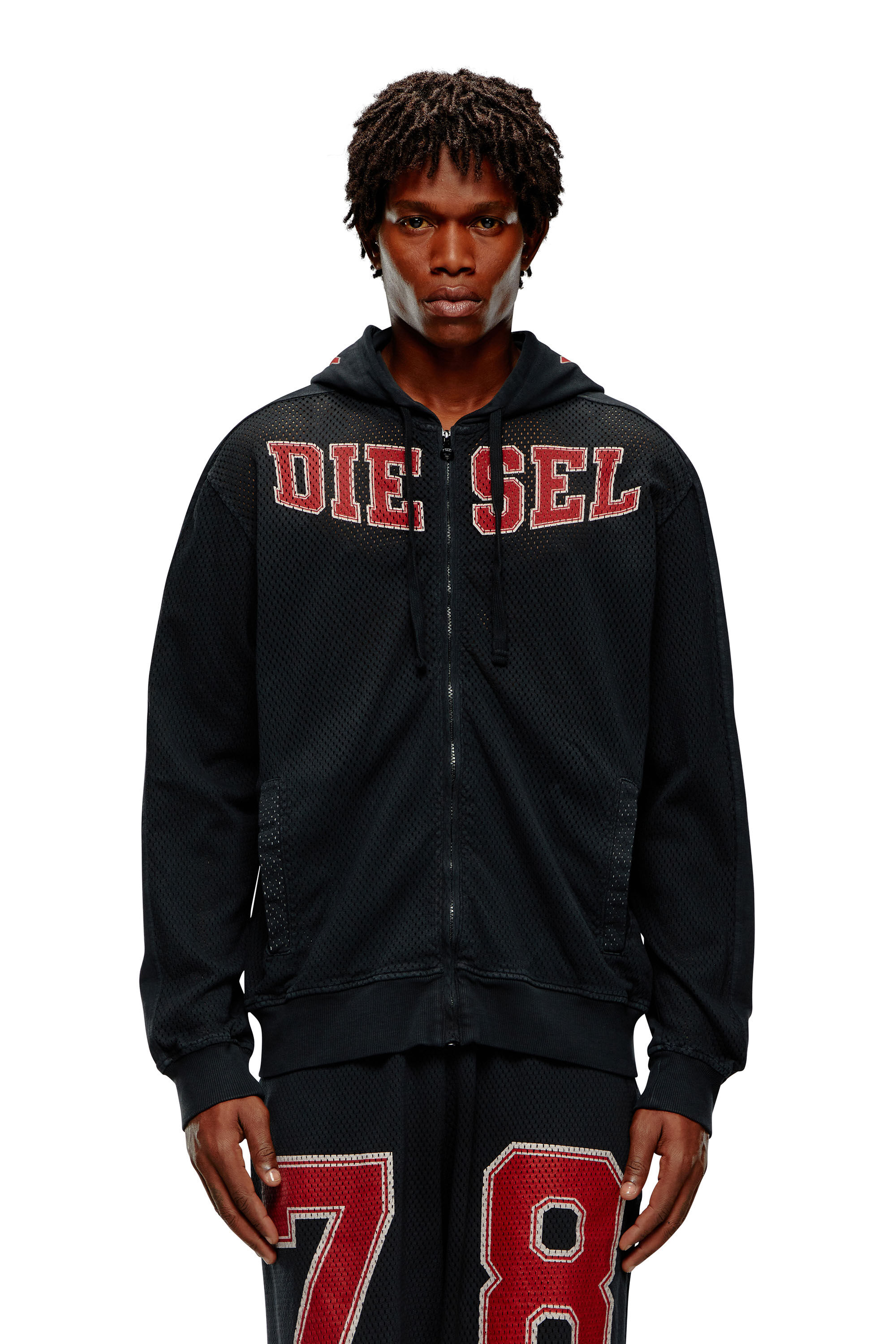 Diesel - S-CREK, Sweat-shirt à capuche zippé avec graphismes universitaires Homme in Noir - 2