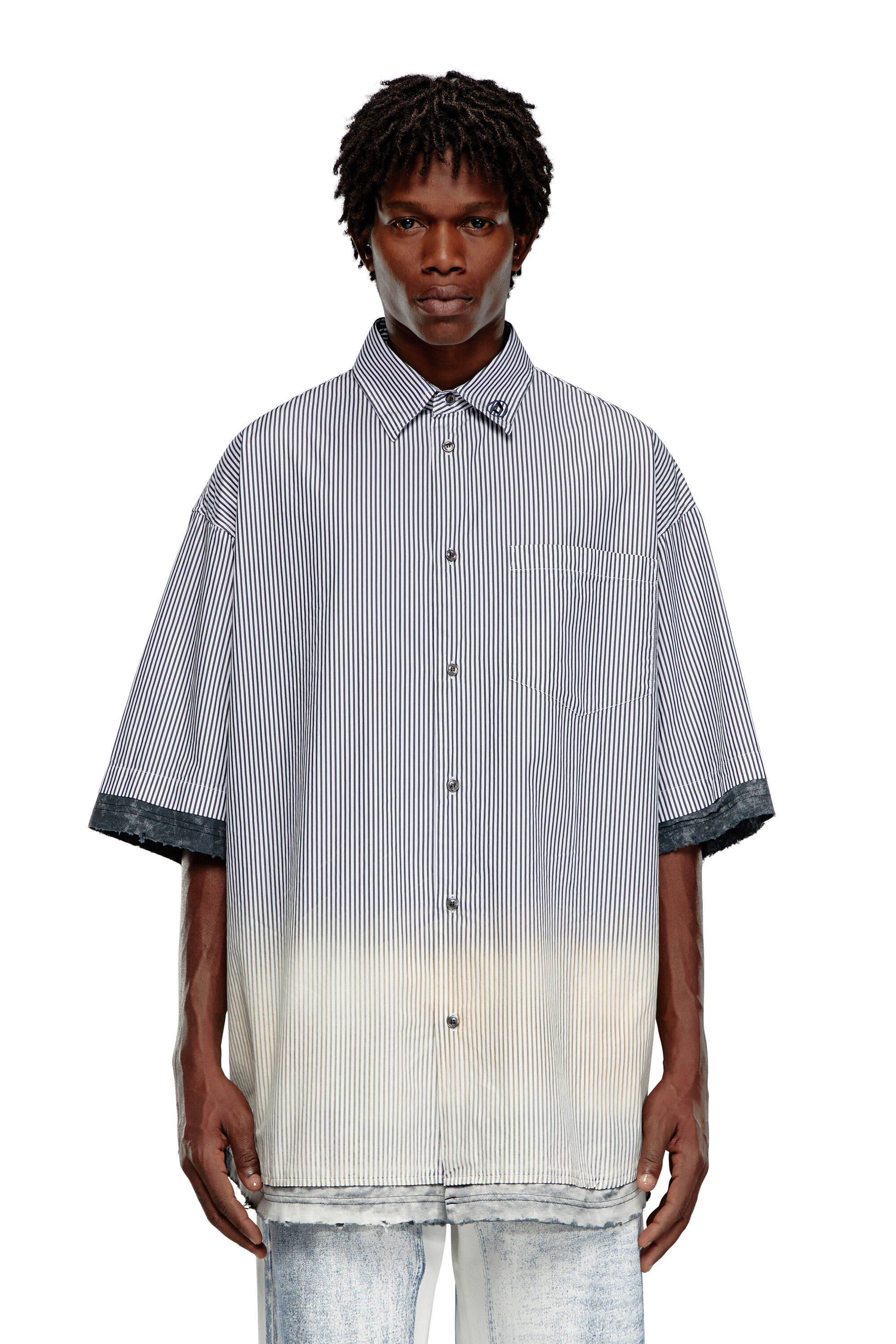 【cale カル】COTTON STRIPE B/D SHIRT Men's Distressed striped short-sleeve shirt | Multicolor