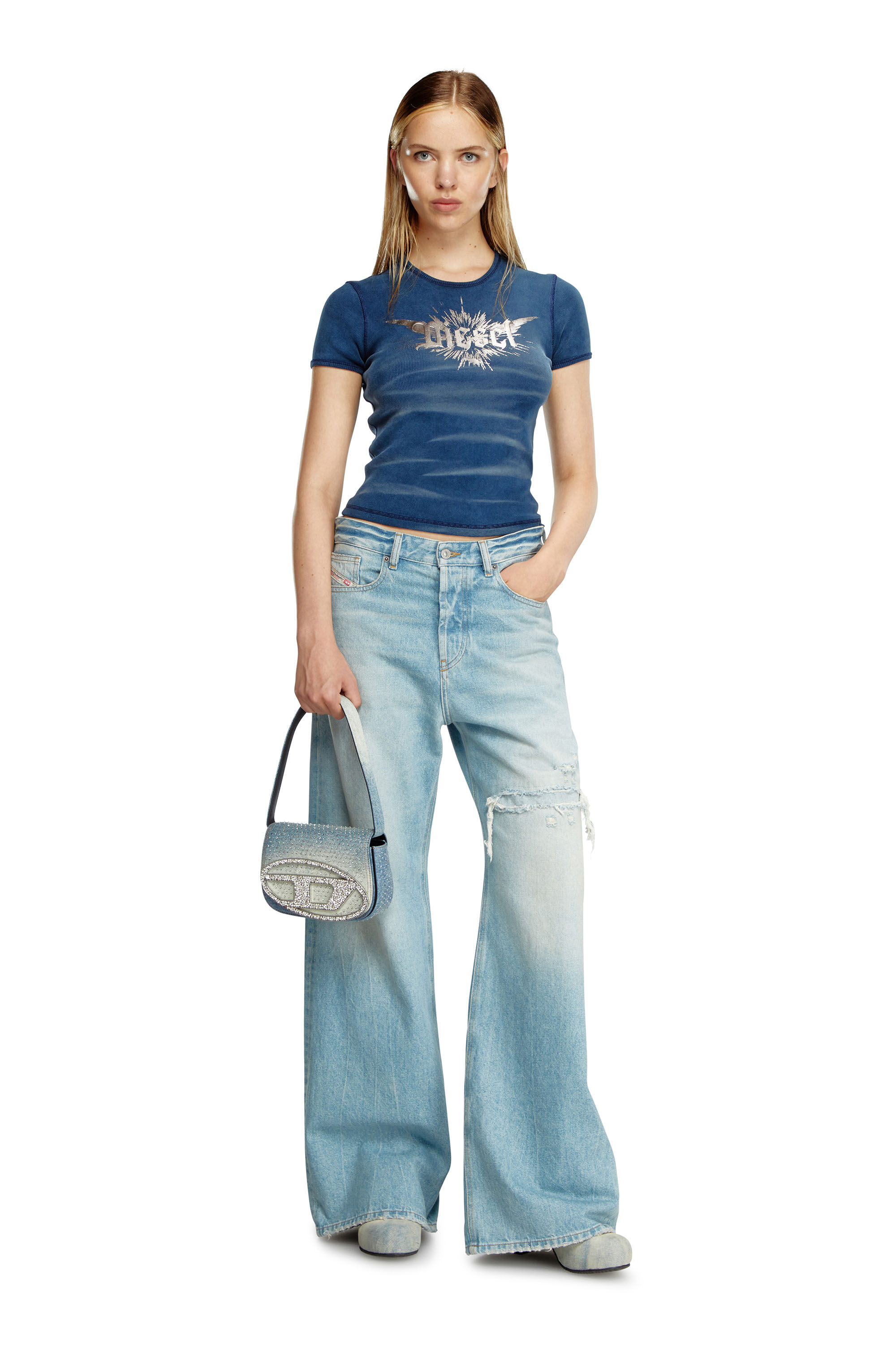 Diesel - 1DR, Female's 1DR - Iconic shoulder bag in denim and crystals in Light Blue - 6
