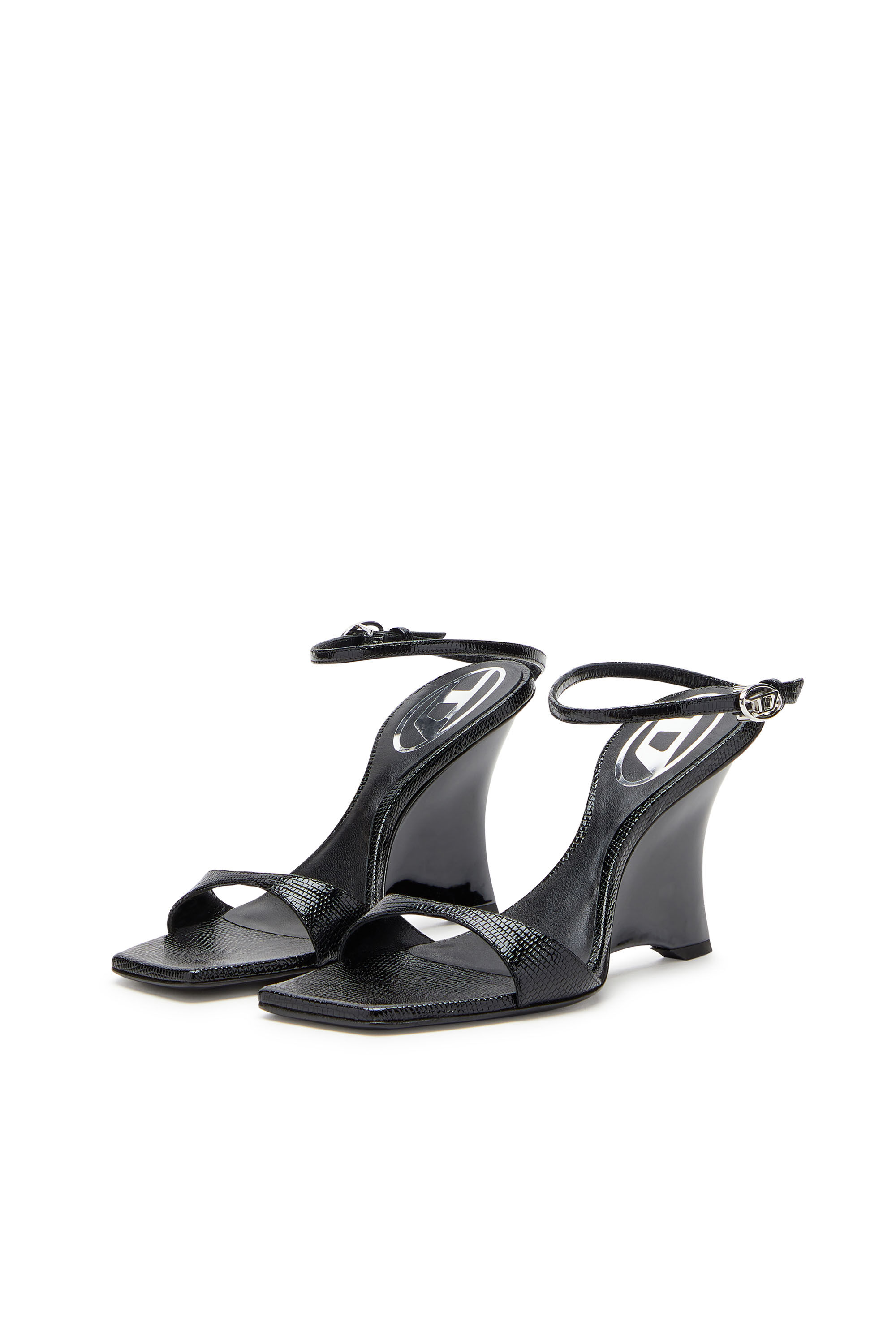 Women's D-Amber-Wedge sandals in lizard-effect leather | Black