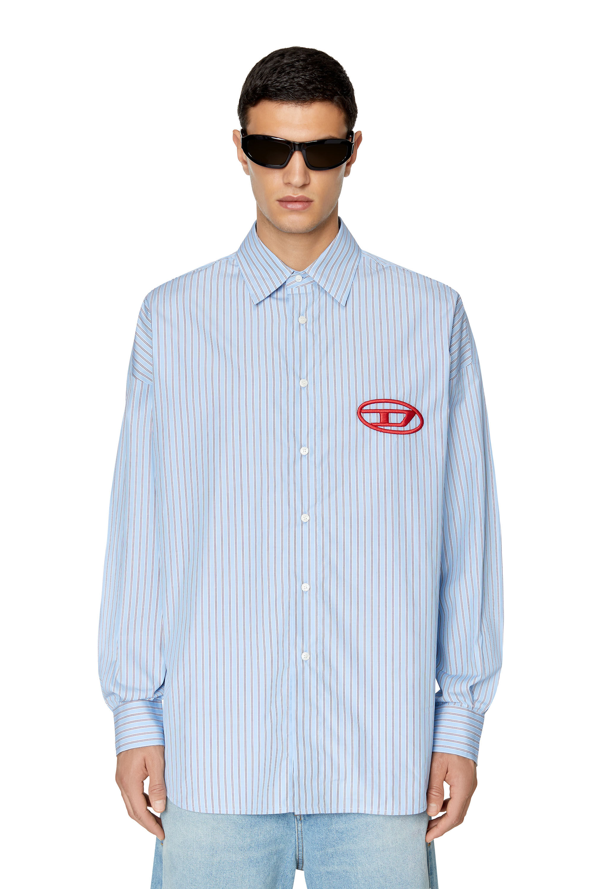 Diesel - S-DOUBLY-STRIPE-NW, Male's Striped shirt with logo embroidery in Light Blue - 3