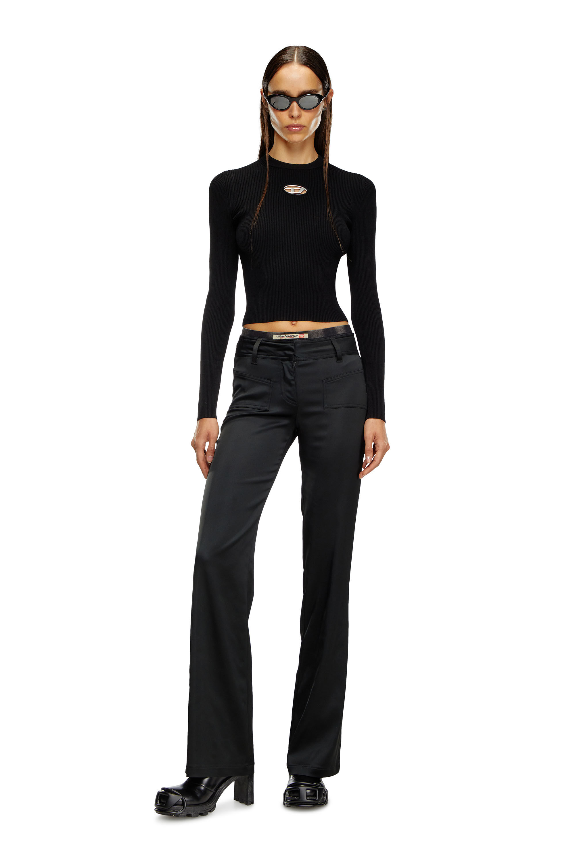 DIESEL◆M-Valary/オーバルDロゴニット/S/ナイロン/BLK Women's Rib-knit viscose-blend top with Oval D | Black | Diesel