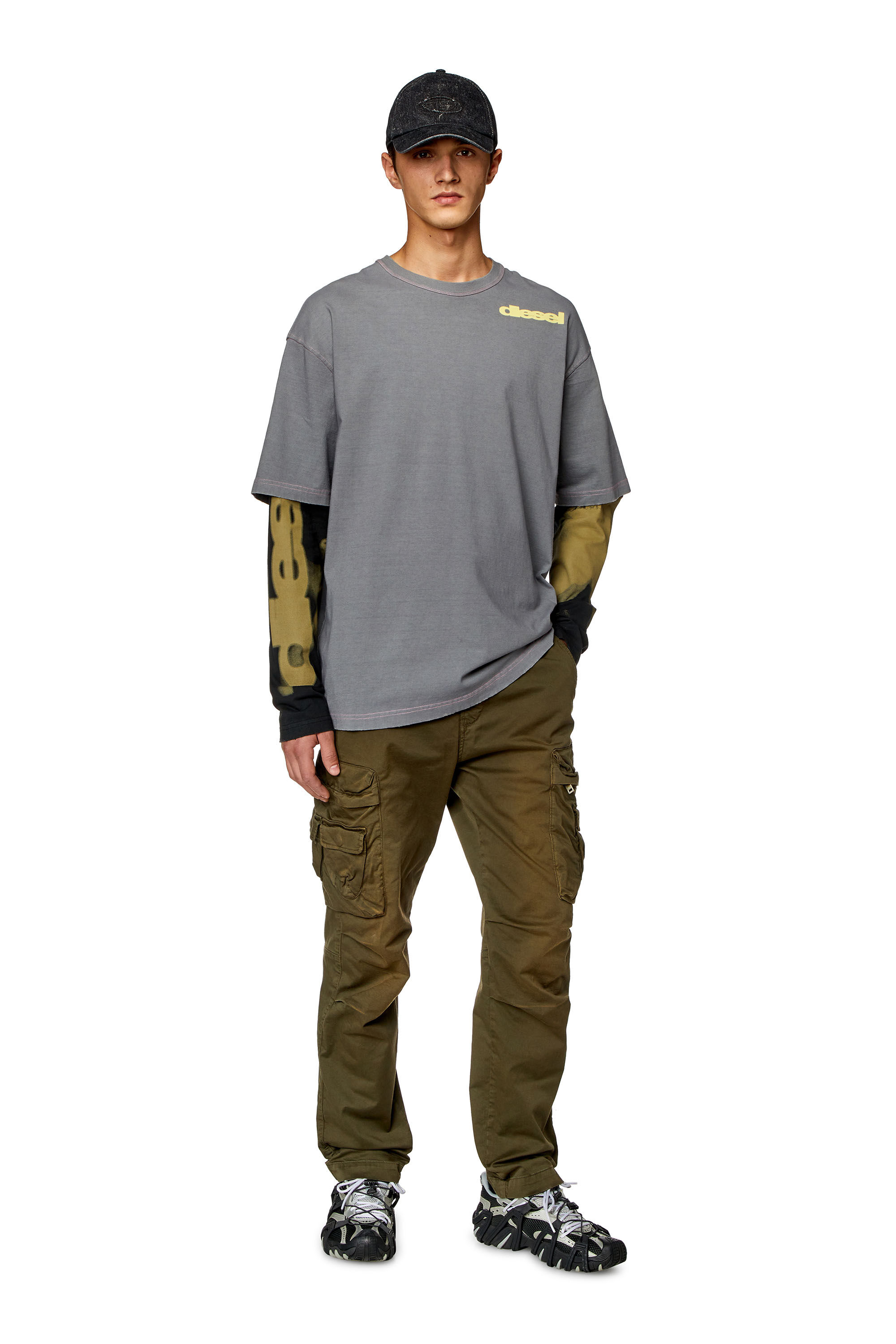 Diesel - T-WESHER-N3, Male's Layered-effect top with smudged print in Grey/Black - 1