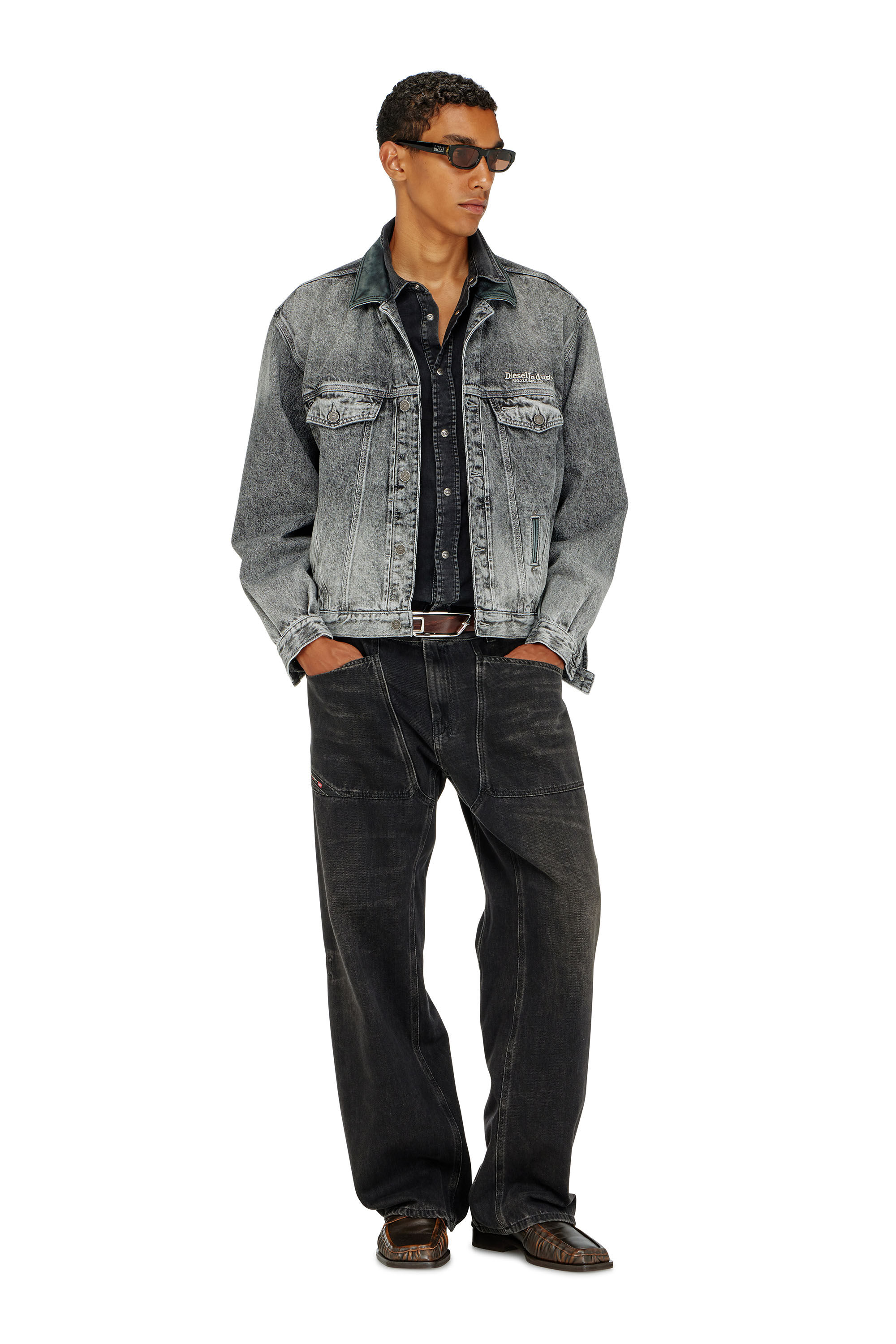 Women's Denim trucker jacket with tonal leather trims | Grey