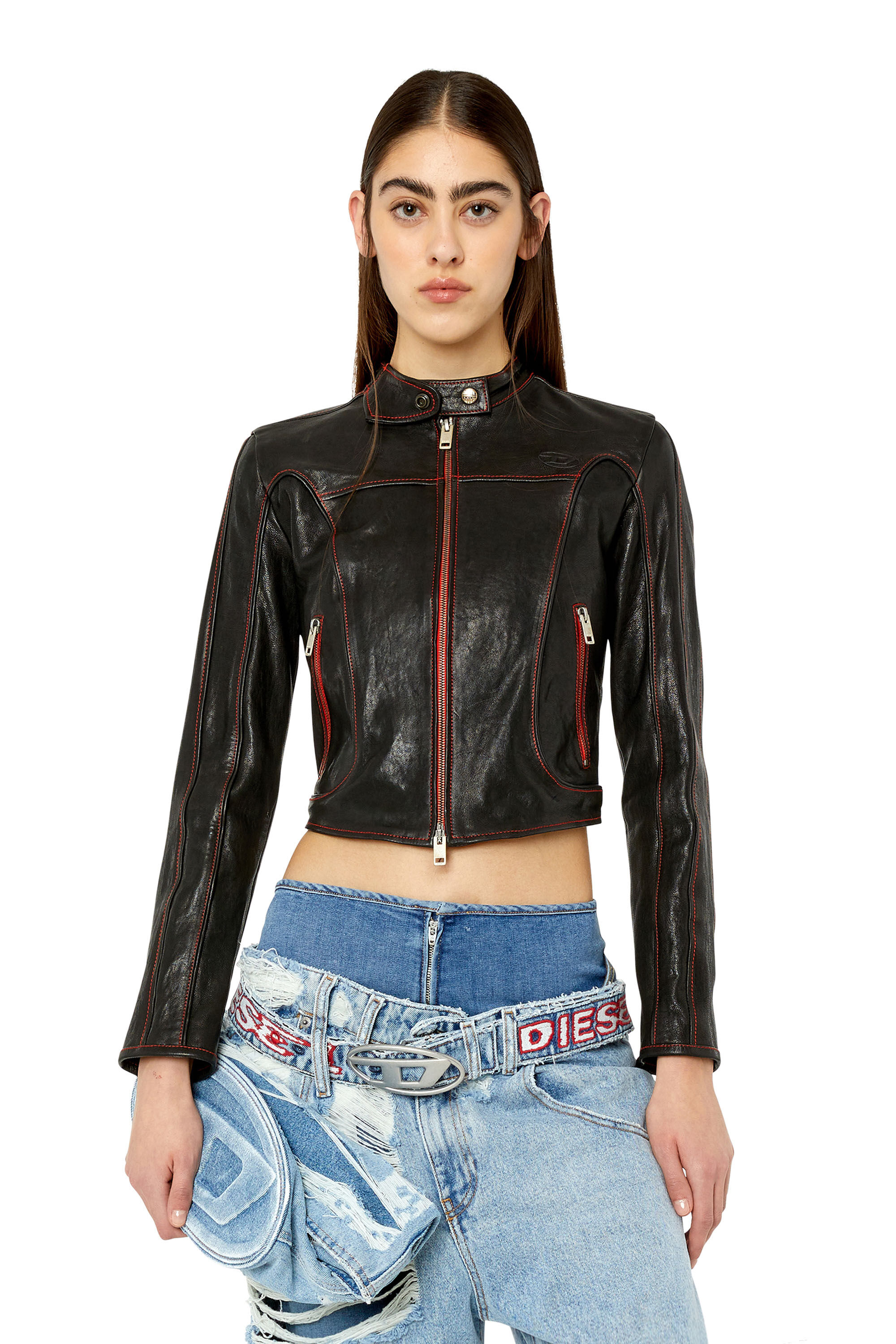 Diesel - L-FOX-A, Female's Leather biker jacket with contrast details in Black - 3