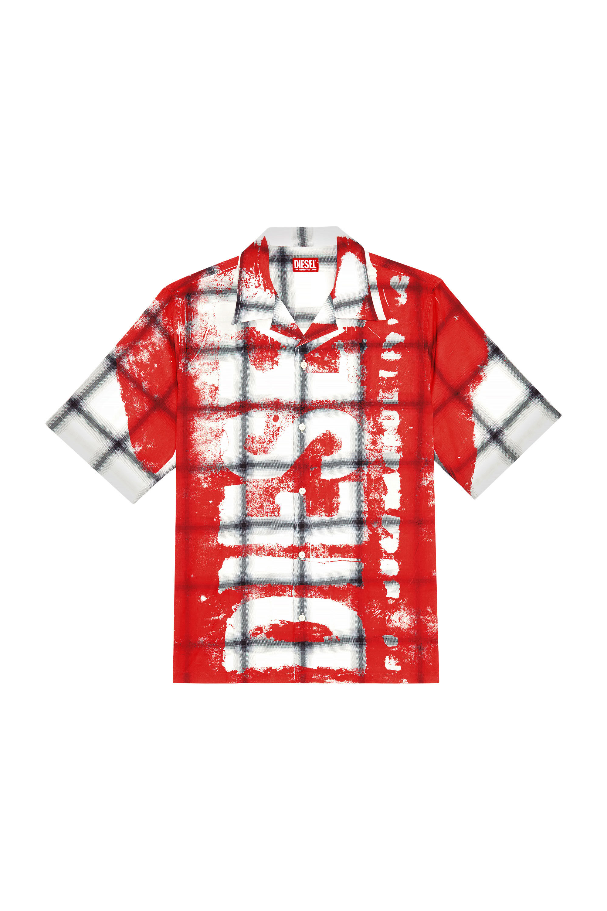 Diesel - S-NABIL, Man's Check bowling shirt with fading logo in White/Red - 2