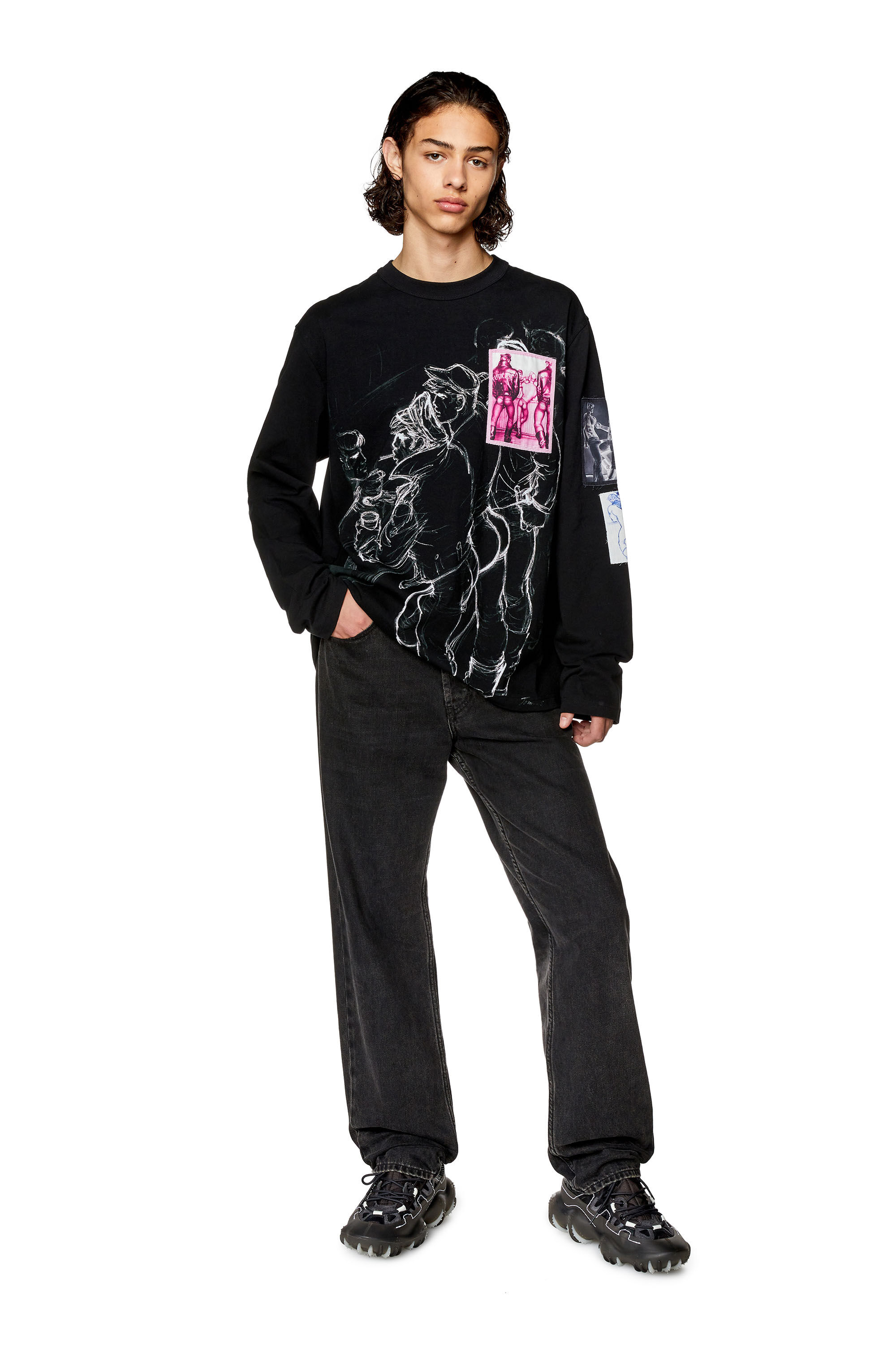 Women's Long-sleeve T-shirt with prints and patches | Black | Diesel