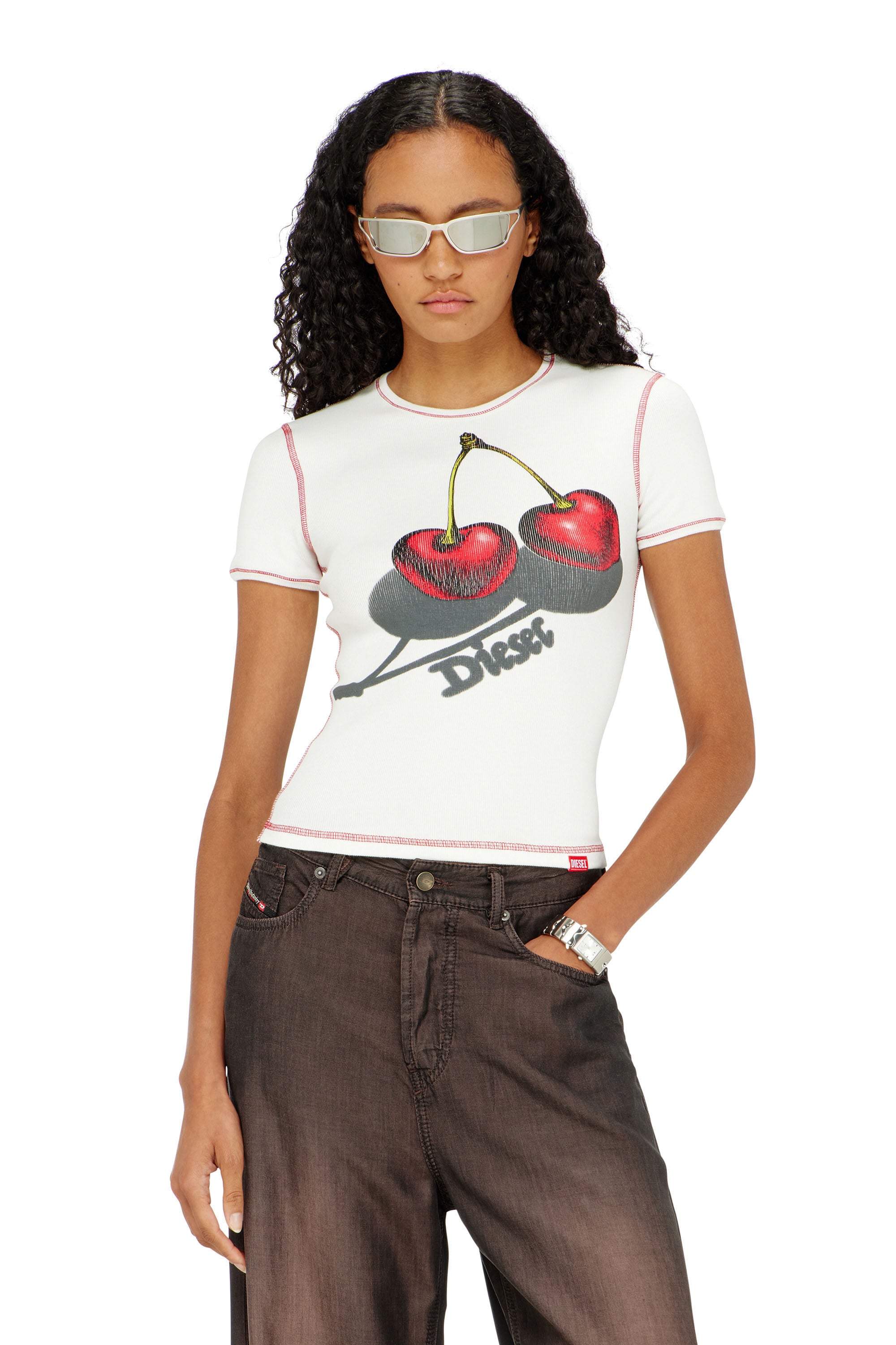 Diesel - SV-T-ELE-CHER, Camiseta ajustada de algod&oacute;n con estampado de cerezas Mujer in Blanco - 3