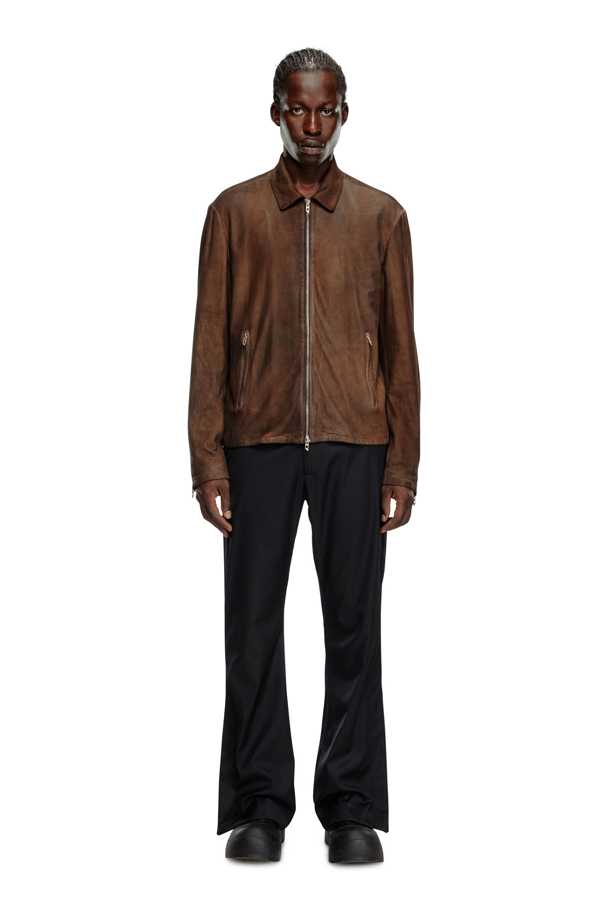 Diesel - L-CROMBE, Male's Blouson jacket in treated leather in Brown - 1
