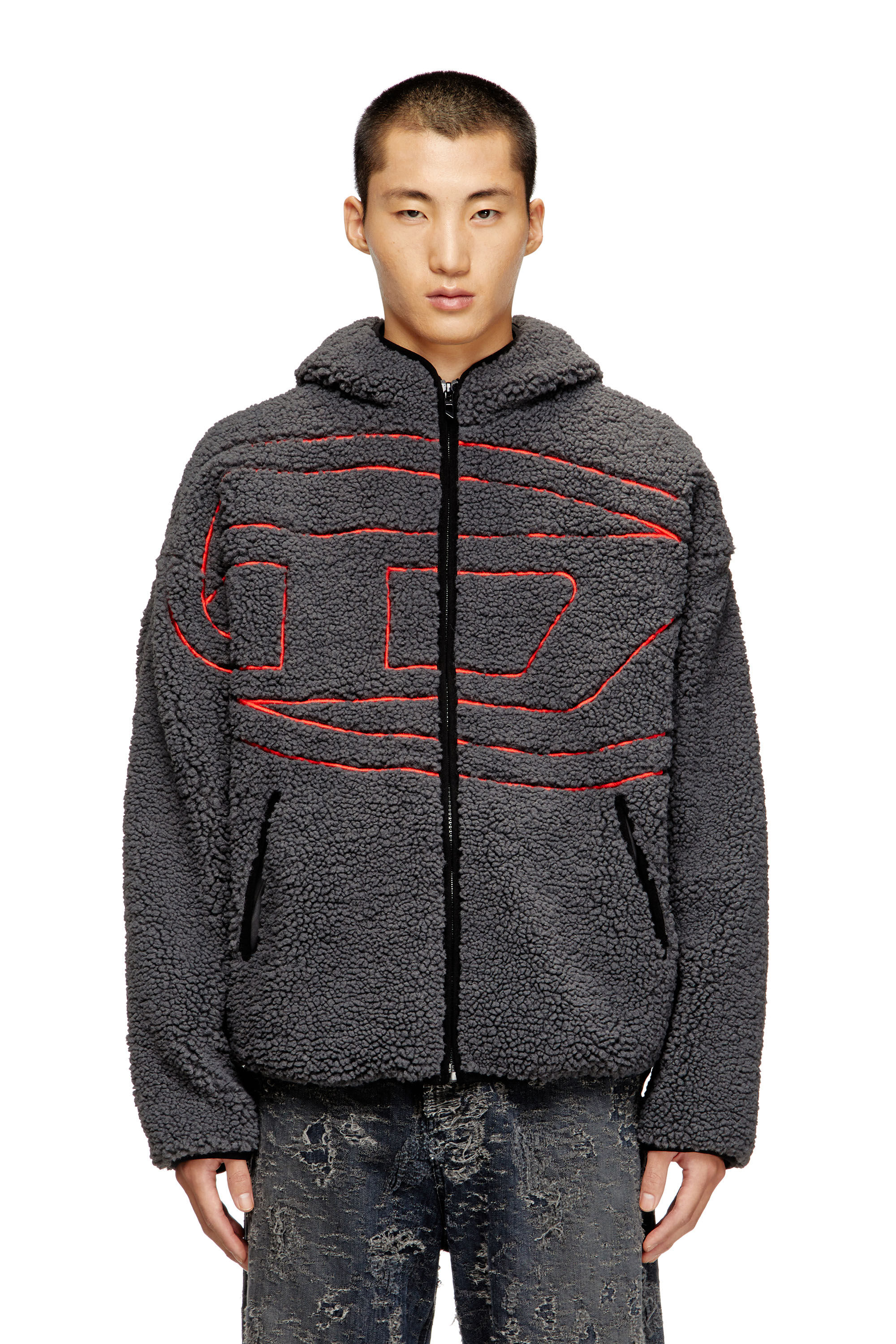 Diesel - S-ZAT, Male's Teddy hoodie sweatshirt in Dark Grey - 3
