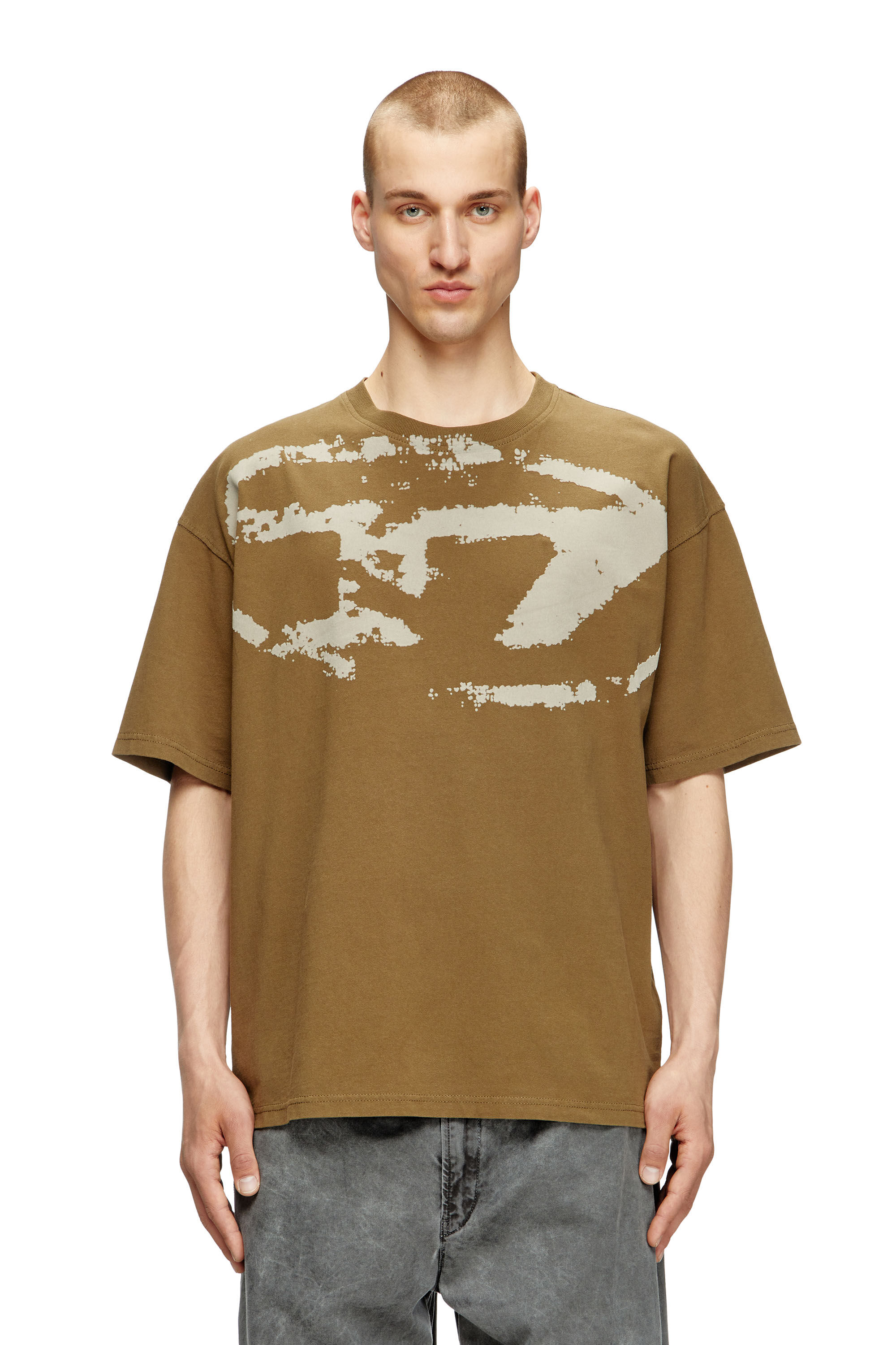 Men's T-shirt with distressed flocked logo | Green | Diesel