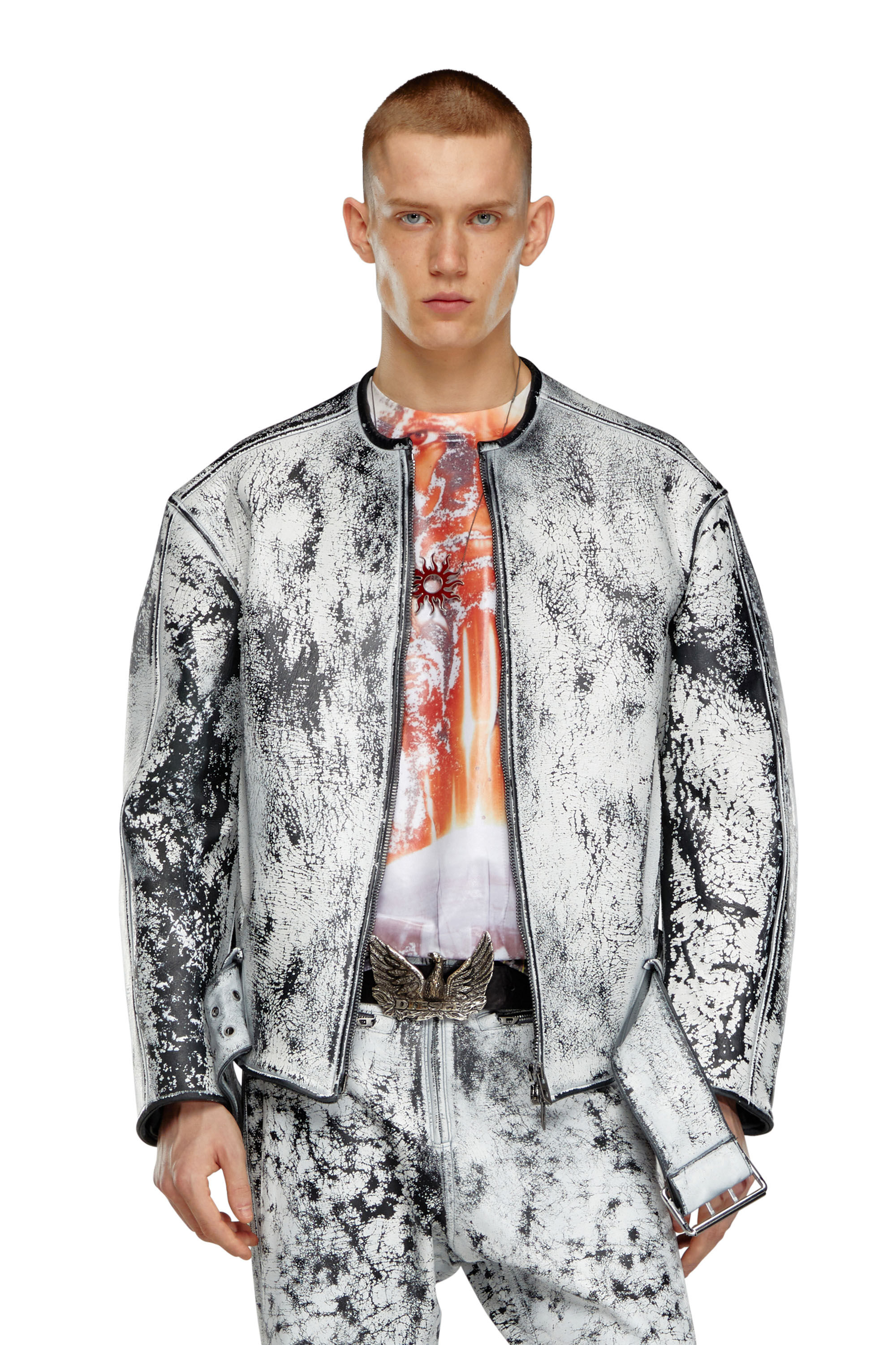 Diesel - L-MARGY-MALE, Man's Oversized biker jacket in treated leather in Black/White - 3