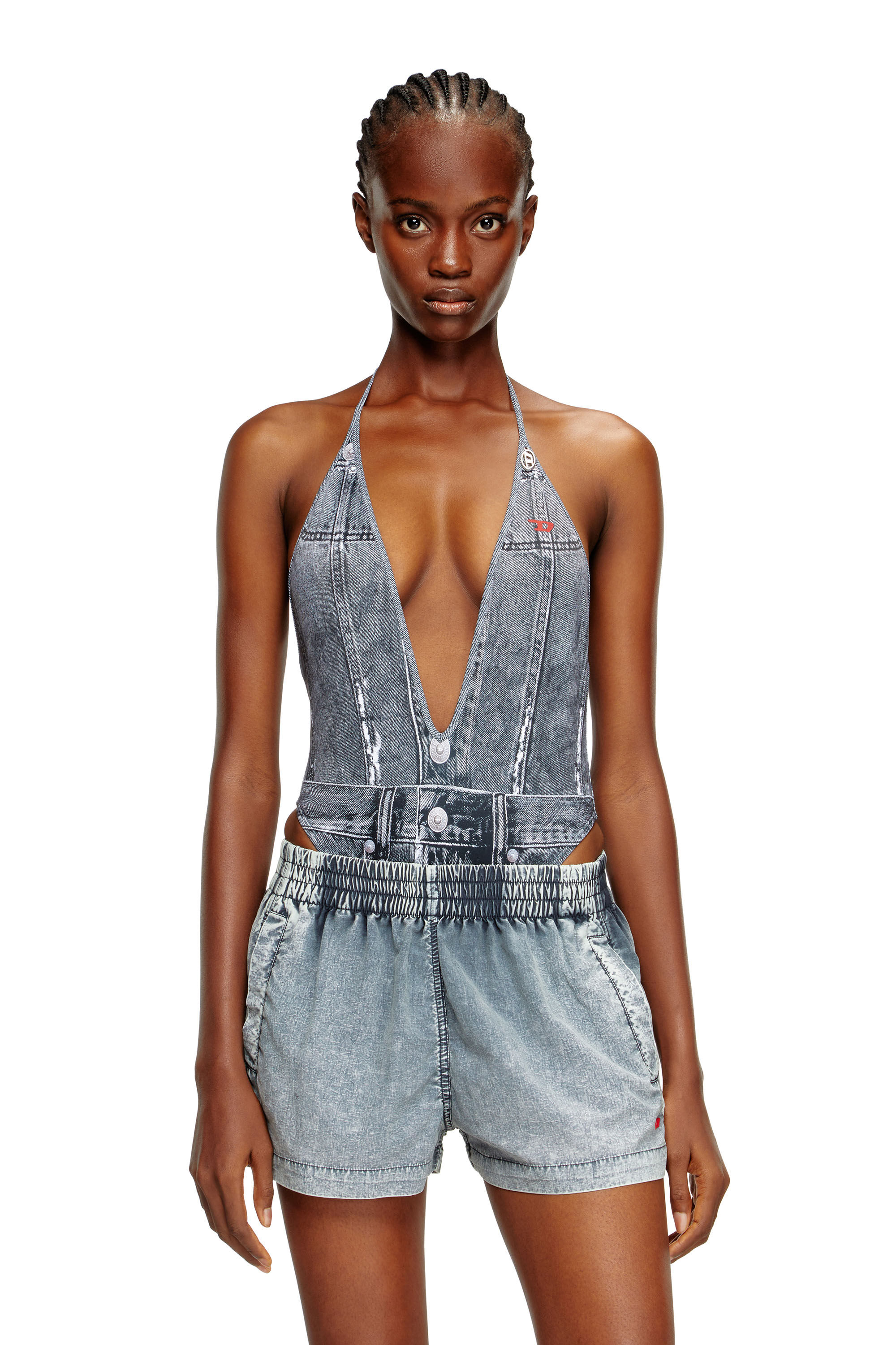 Women's Plunging swimsuit with denim trompe l'oeil | Blue | Diesel