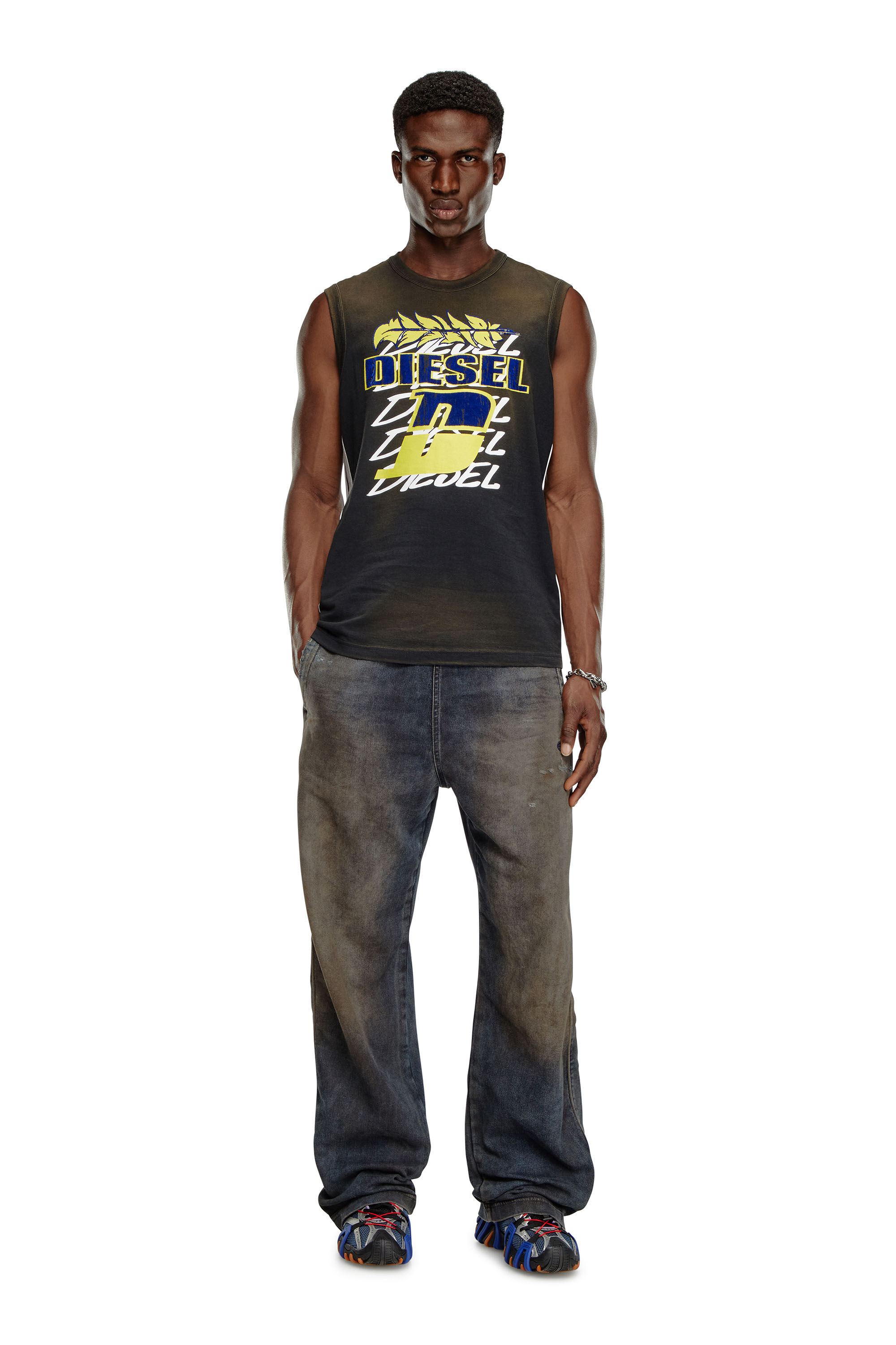 Diesel - T-BISCO-STRIPE, Male's Sun-faded tank top with side bands in Black - 1