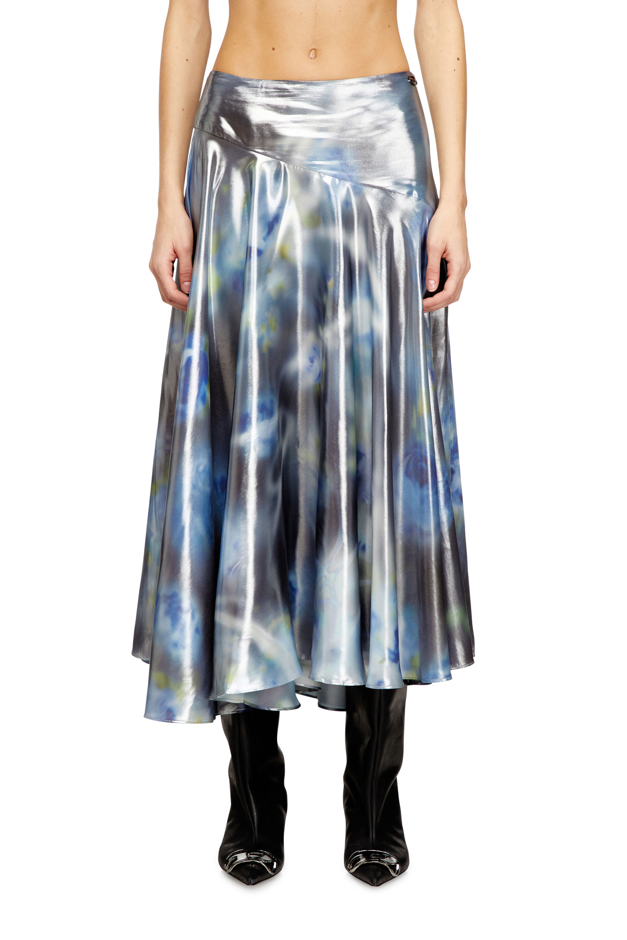Women's Metallic midi skirt with blurred rose print | Blue | Diesel