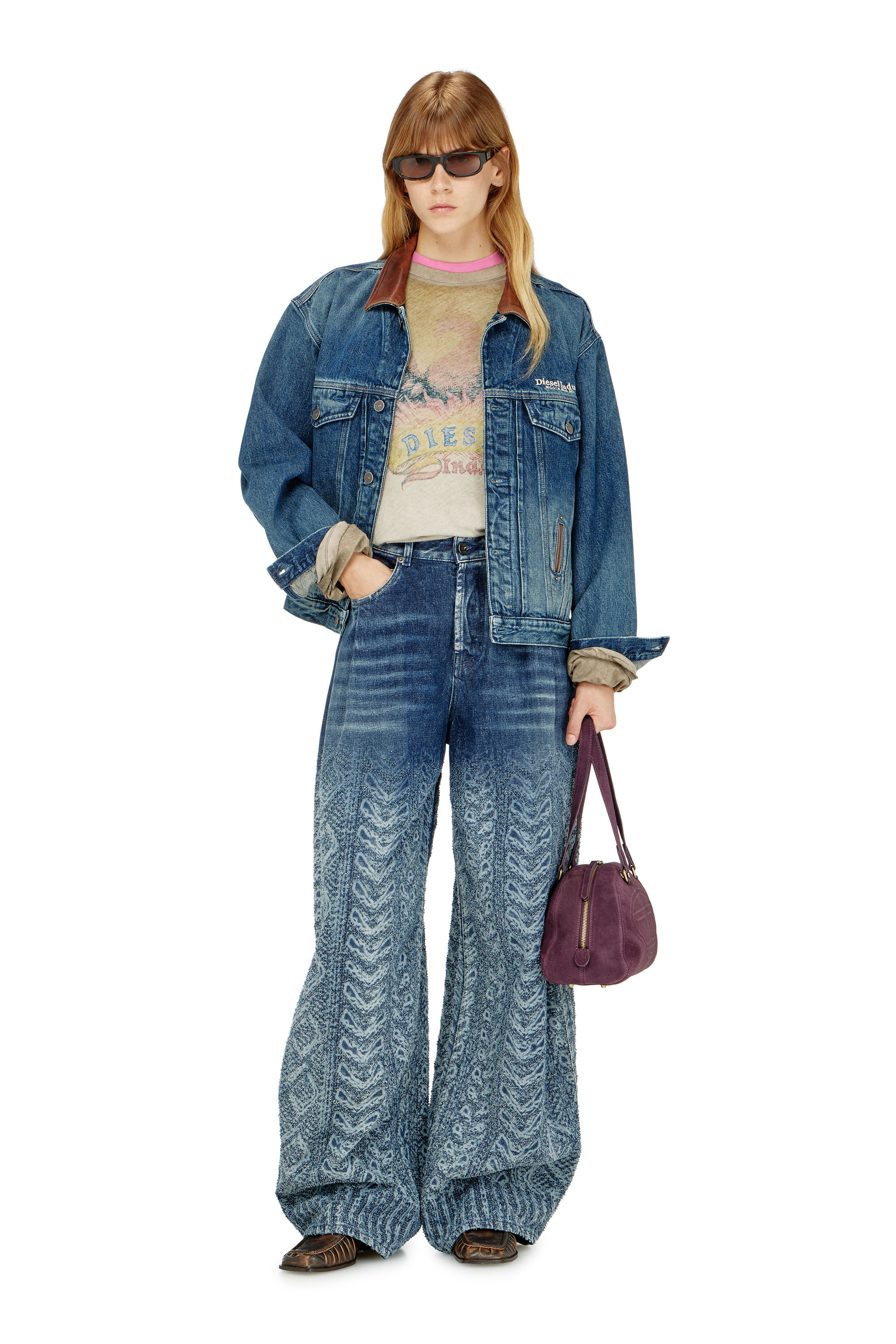 Women's Denim trucker jacket with contrast leather trims | Blue