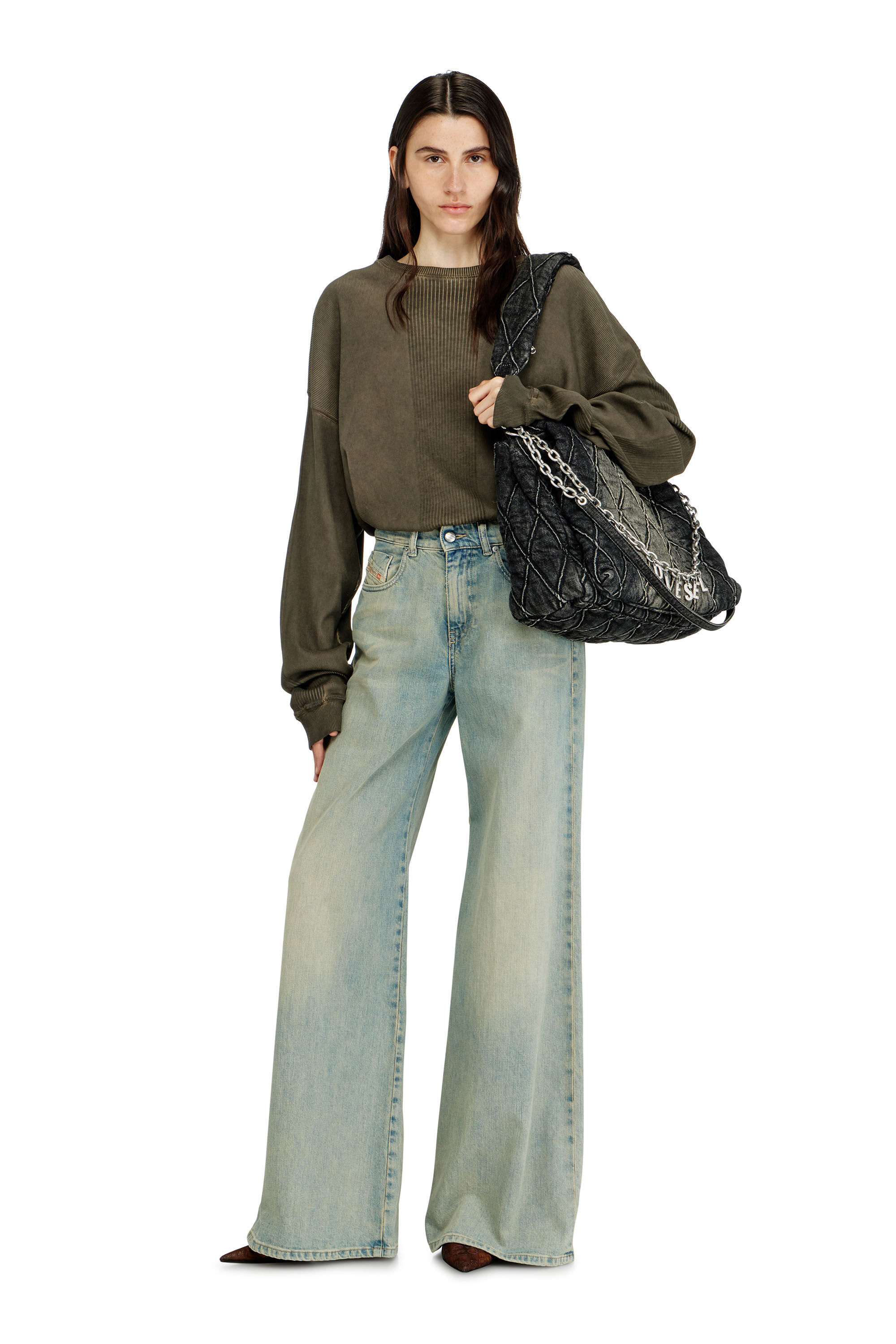 Women's Charm-D Shoulder L bag in quilted Denim | Black | Diesel
