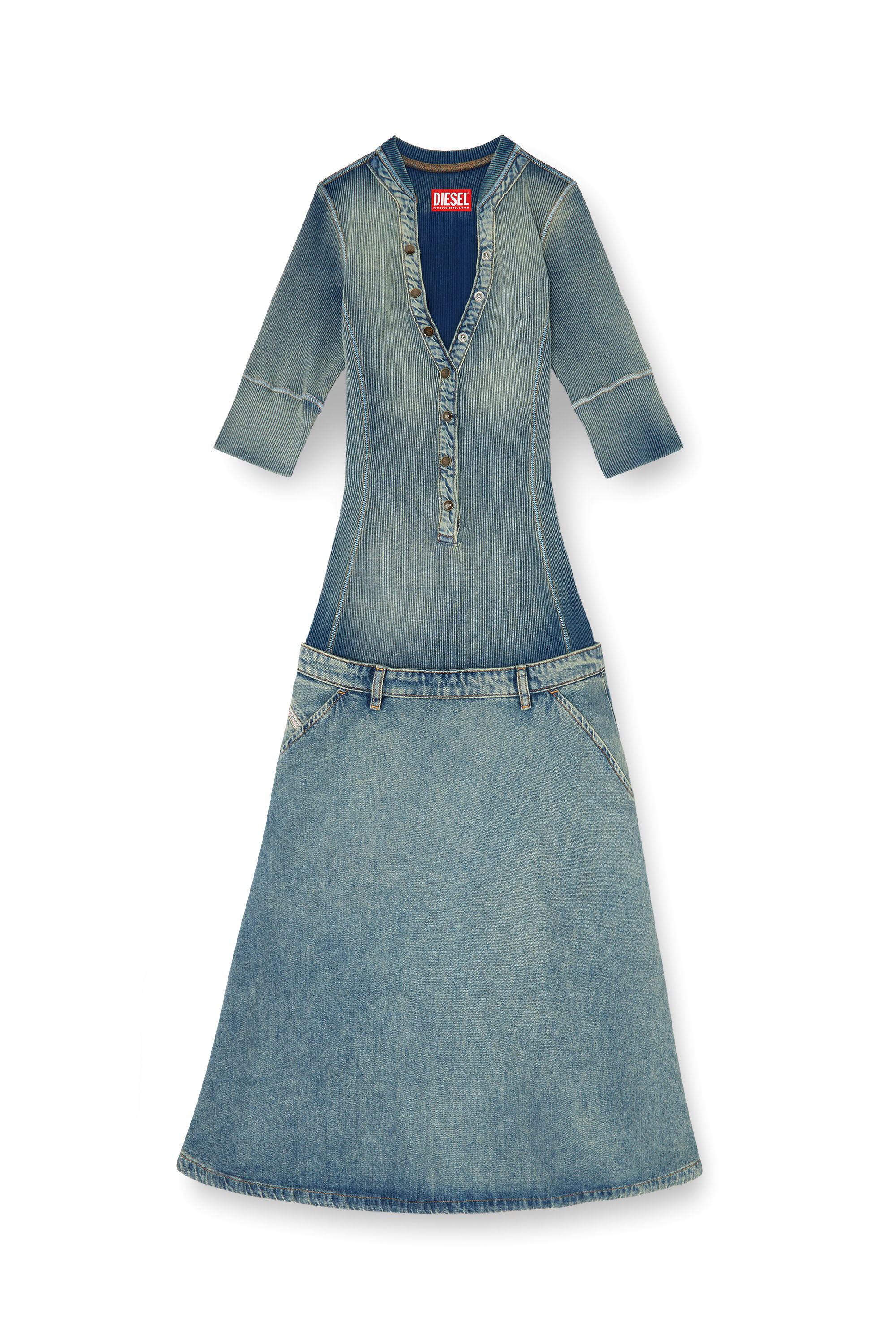 Diesel - DE-ANIM-S, Female's Drop-waist midi dress in knit and denim in null - 2