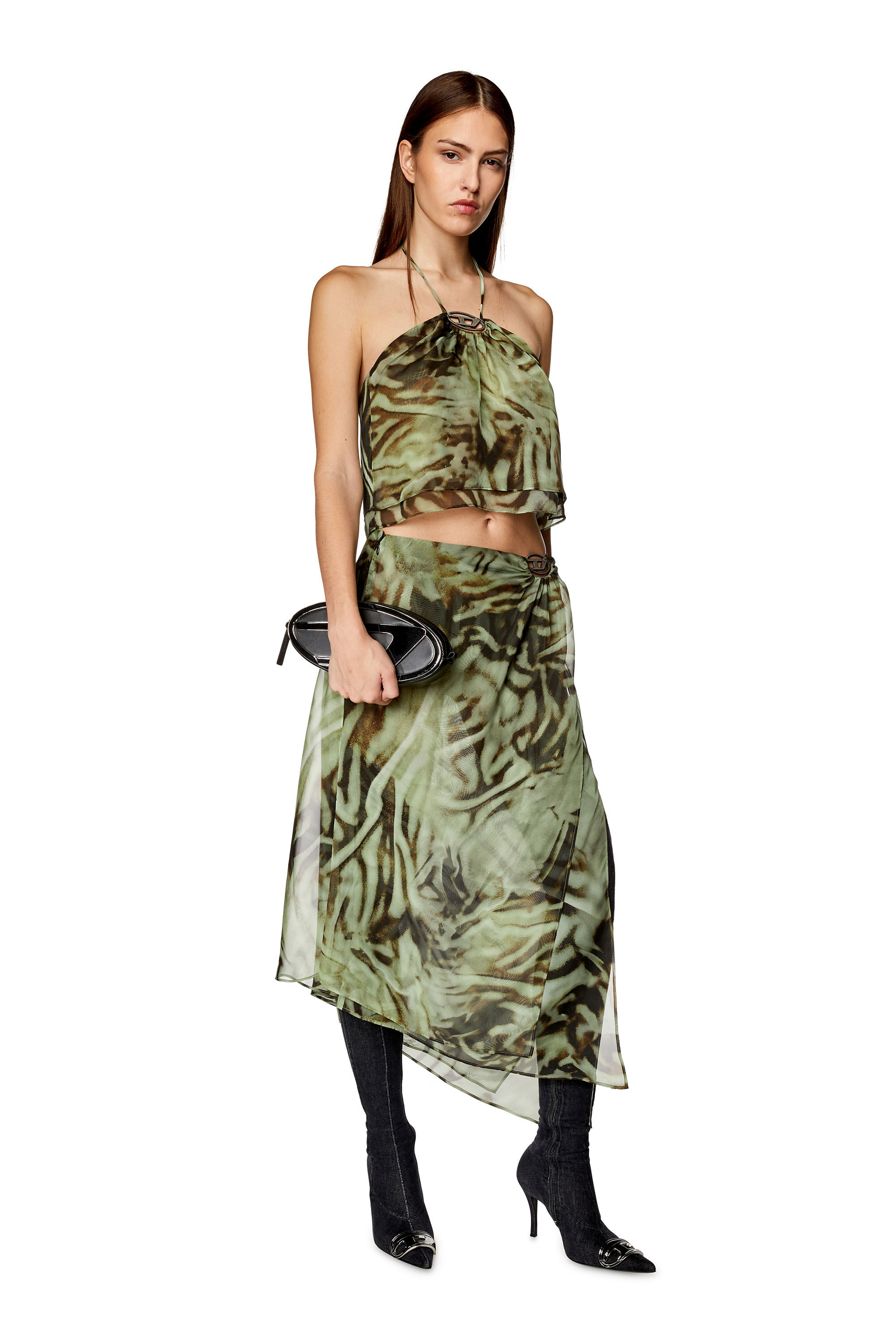 Diesel - T-STANT, Female's Halterneck top in camo-zebra chiffon in Military Green - 1